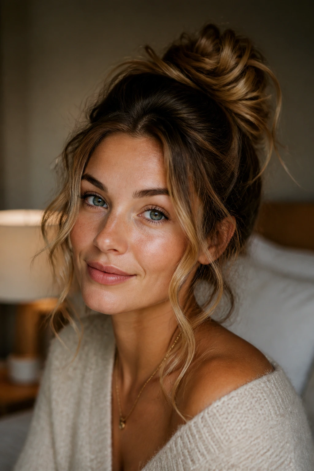 Close-up of a real woman with a messy bun and loose ending waves