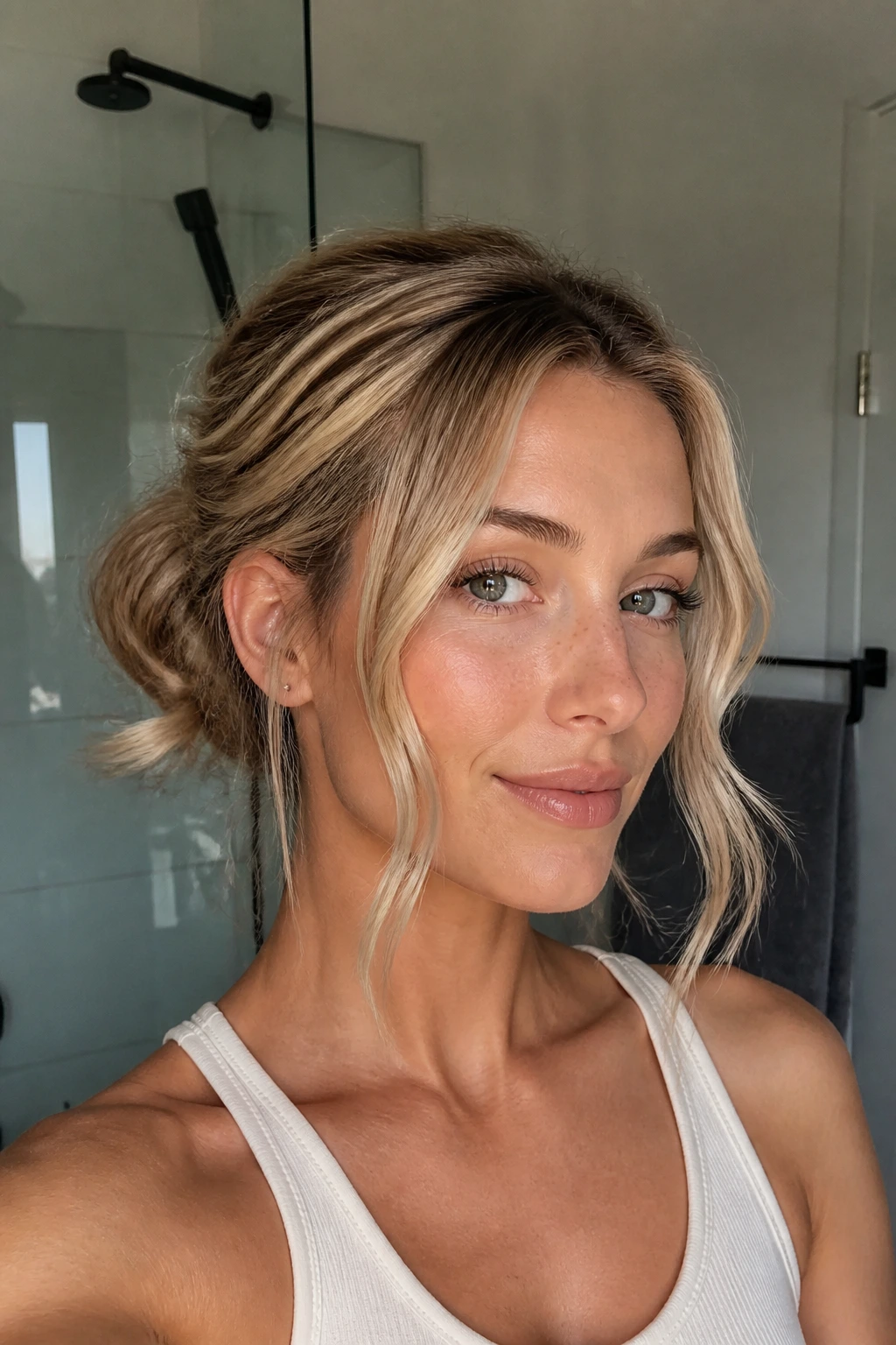 Close-up of a woman with a messy bun and wavy front tendrils