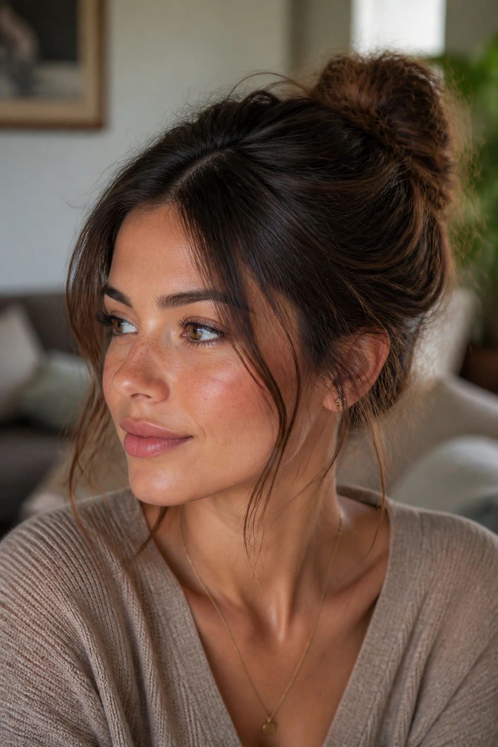 Woman with a messy mid bun and wispy pieces framing the face