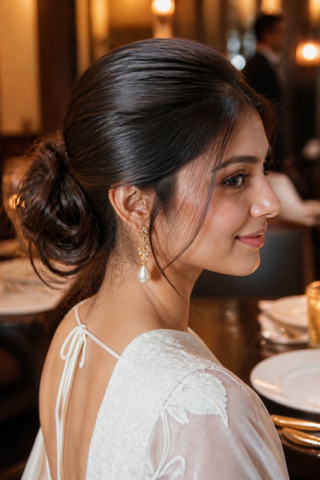 Close-up of a woman with a smooth crown and a loose chignon at the nape