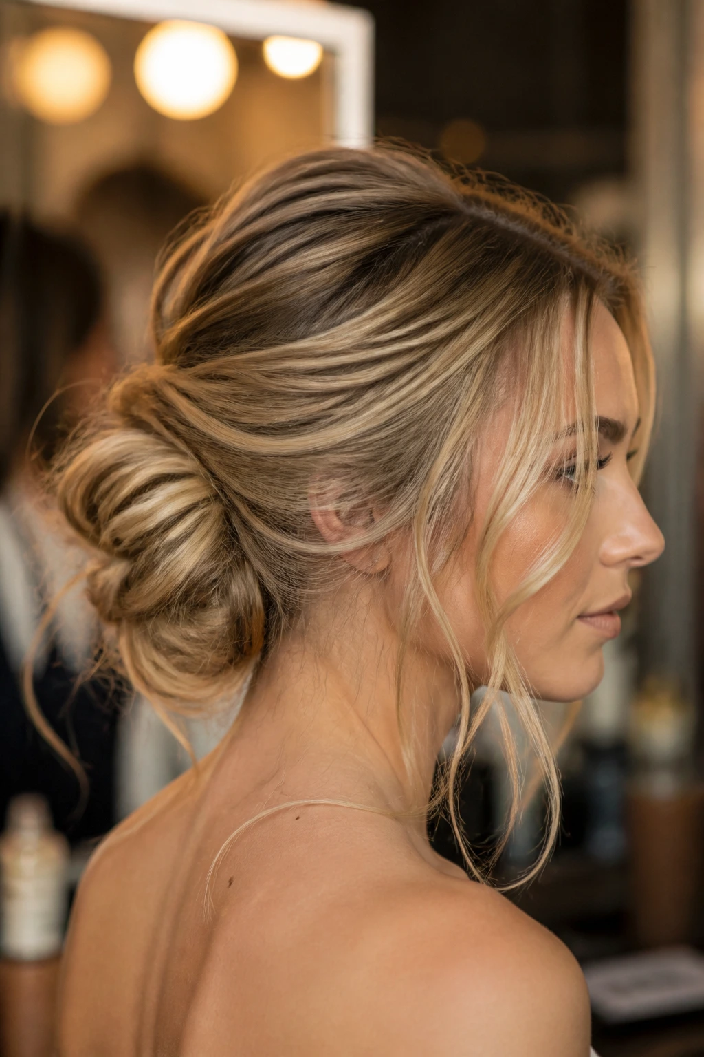 Close-up of a real woman wearing a low textured chignon with face-framing wisps in a backstage dressing room.