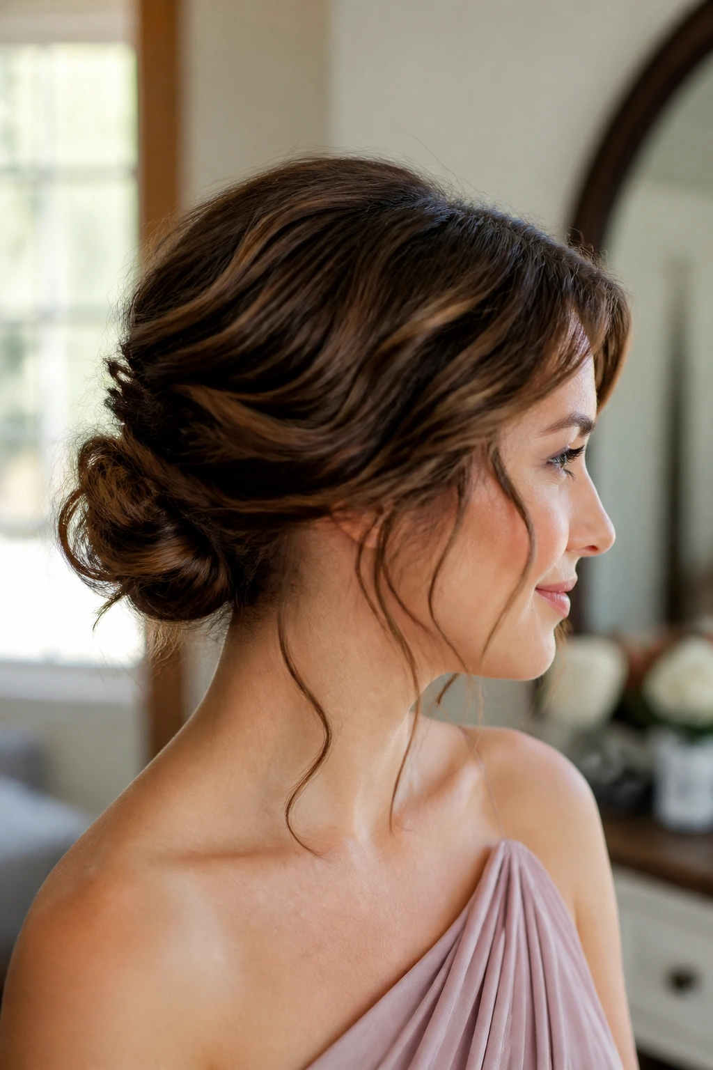Portrait of a real woman wearing a messy low chignon for shoulder-length hair.