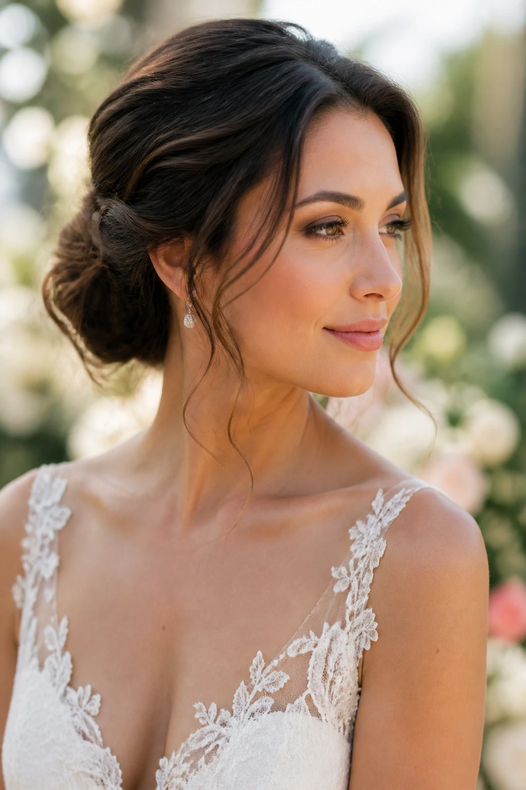 Close-up of messy chignon with deliberate tendrils on a real bride