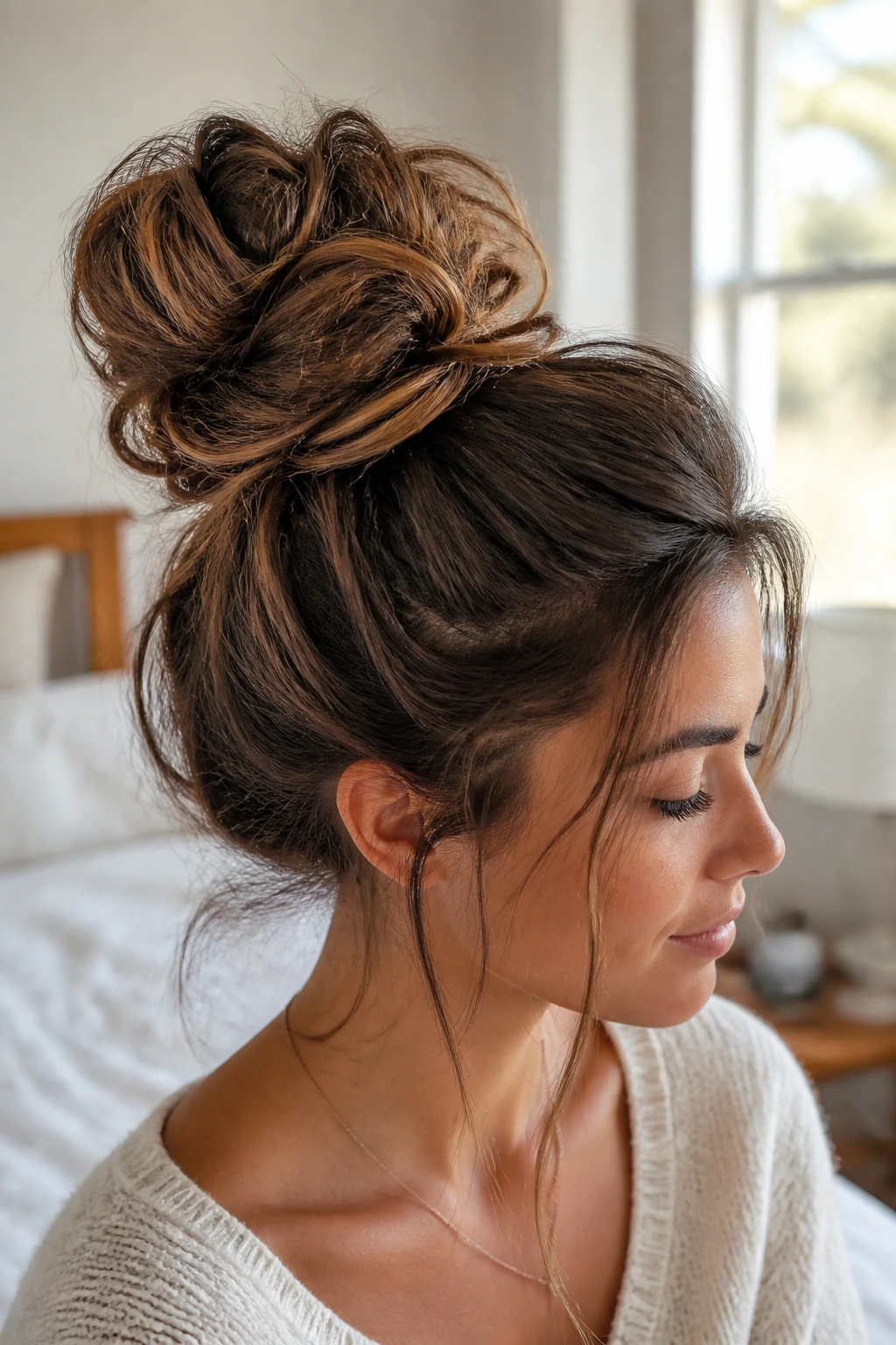 Close-up of a real person with a messy cloud bun.