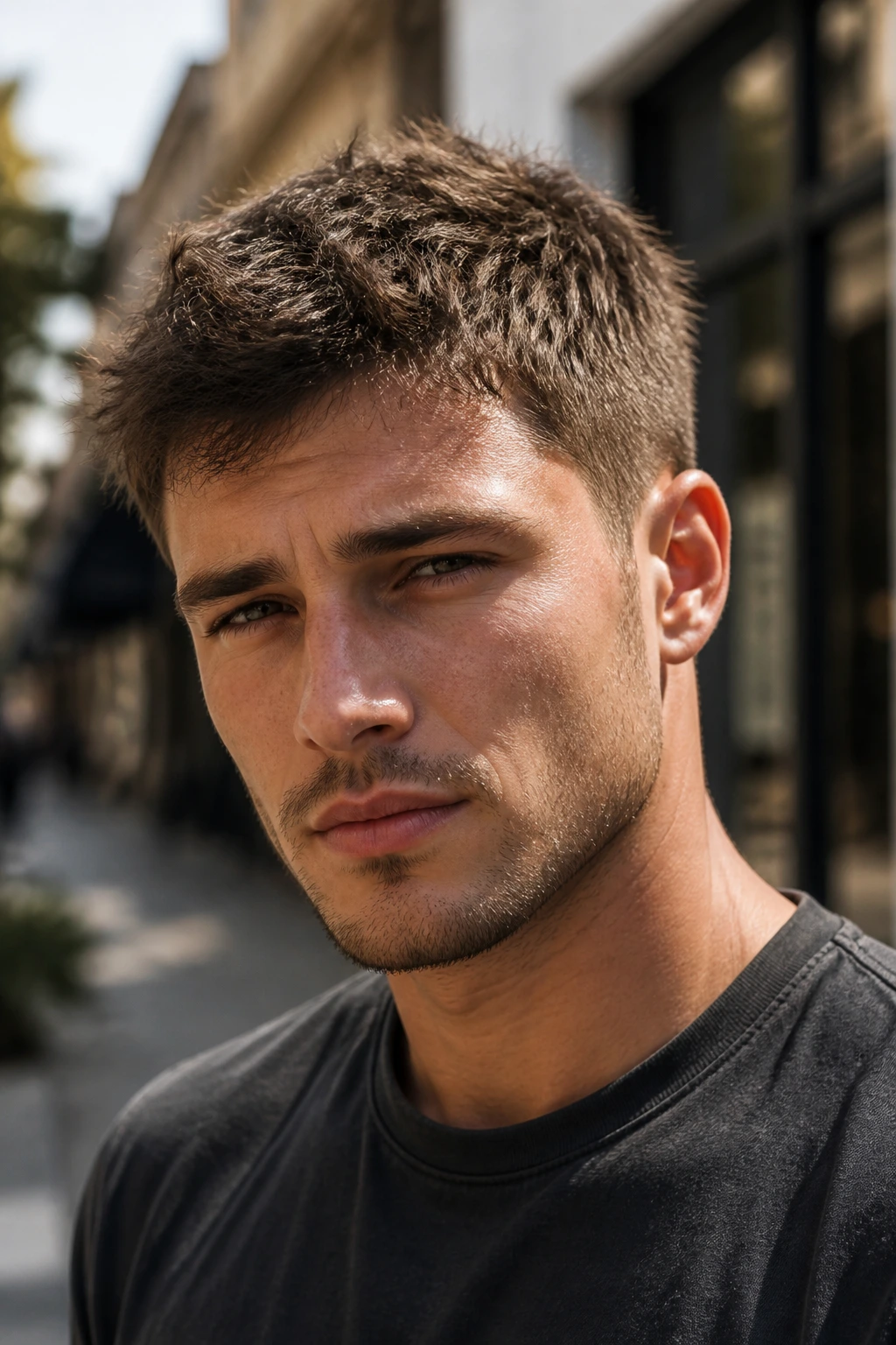 Close-up portrait of a man with a messy crew cut outdoors