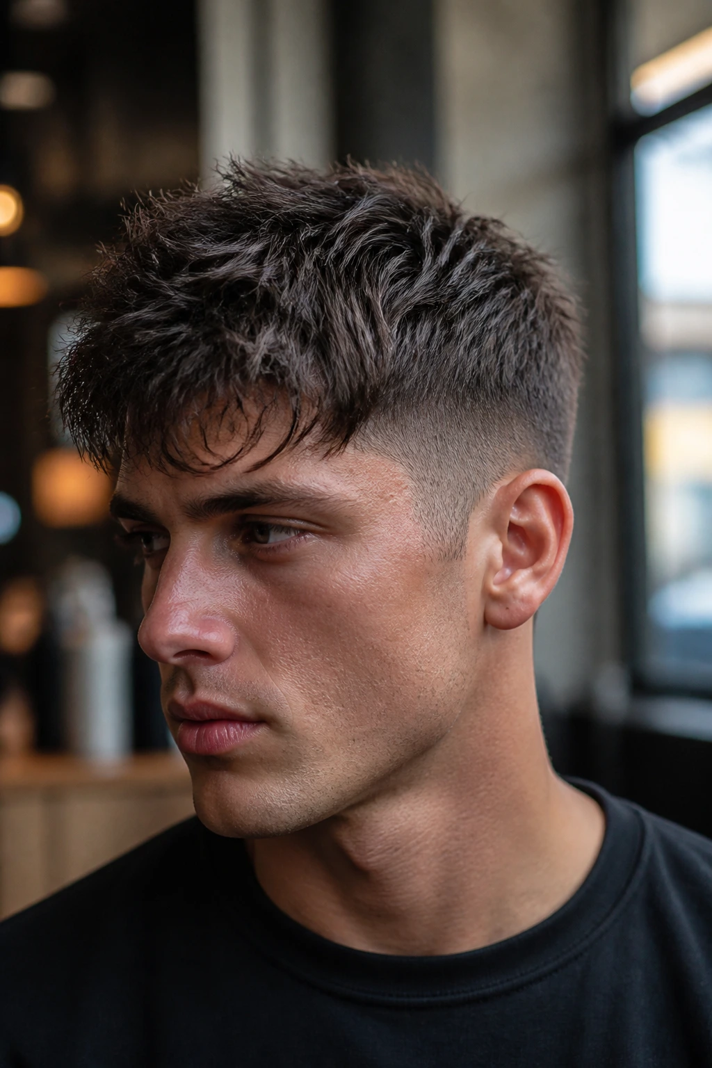 Close-up portrait of a person with messy cropped hair and razor texture