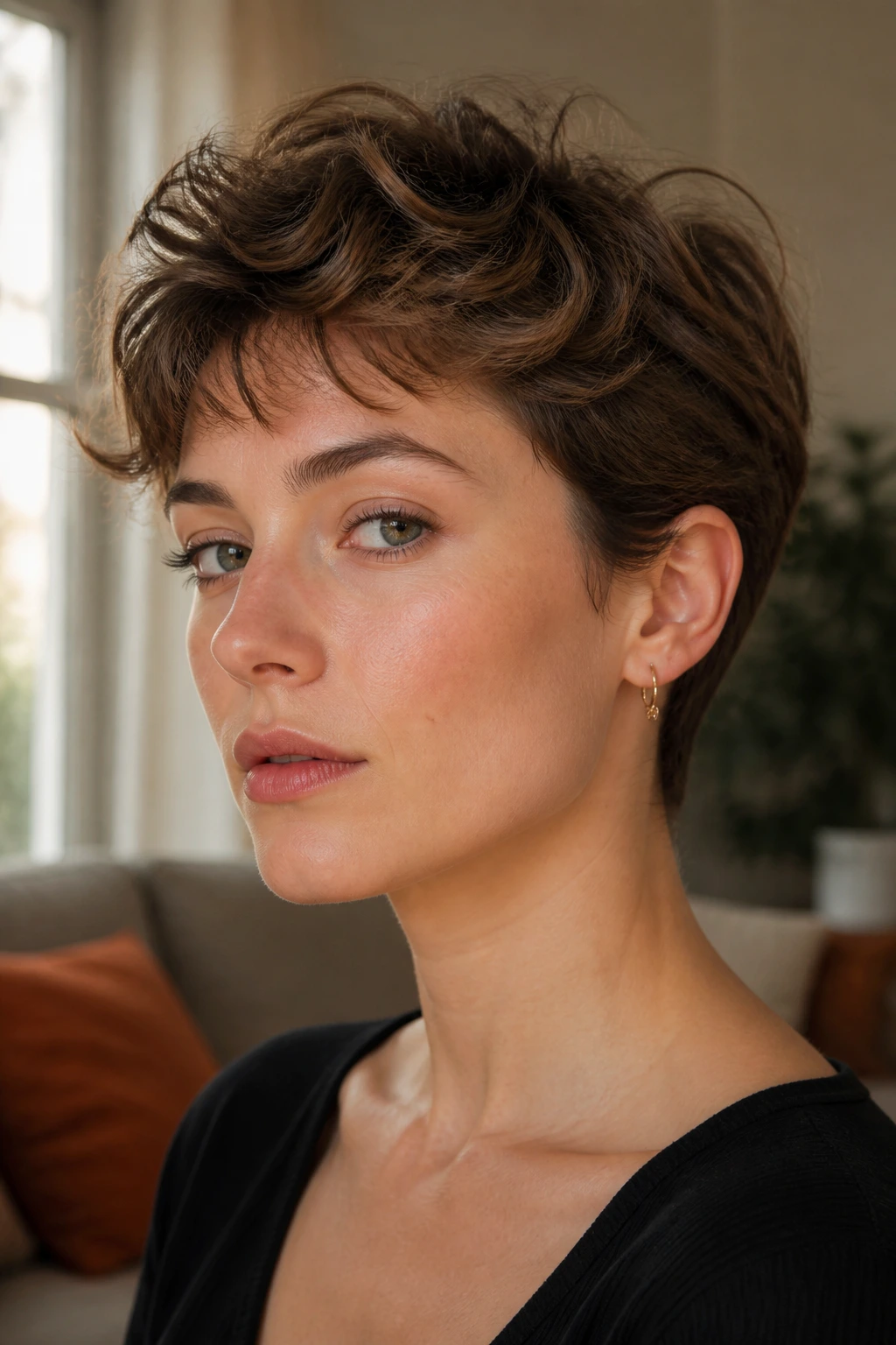 Close-up of a real woman with a messy crop and tucked sides, short waves