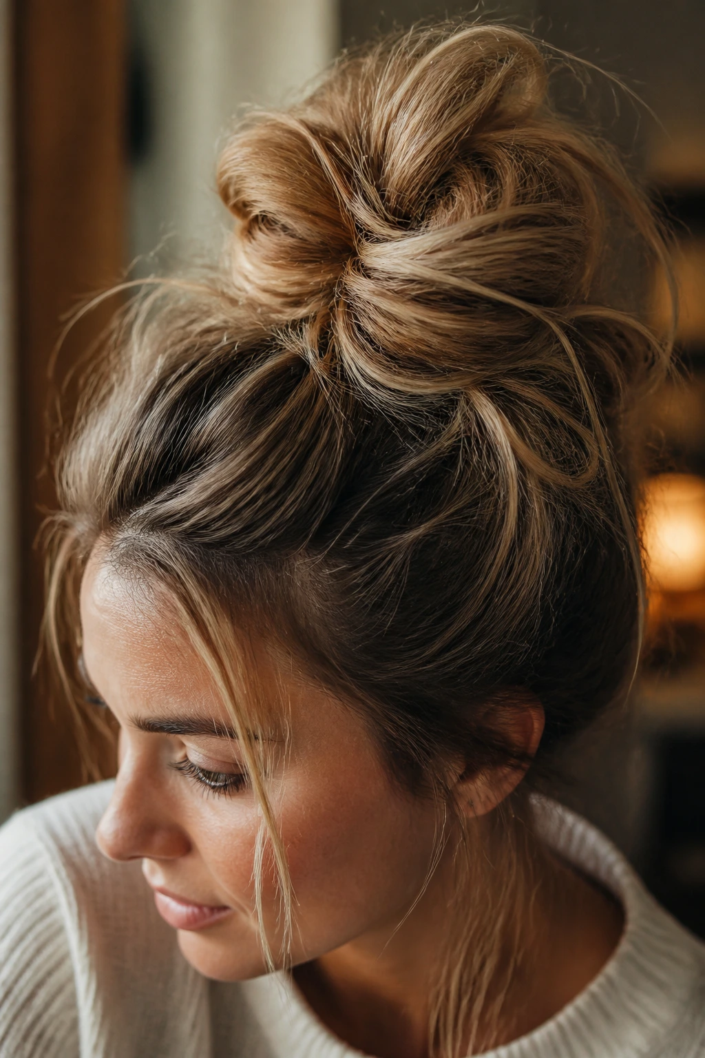 Close-up portrait of a woman with a messy crown knot at the crown.