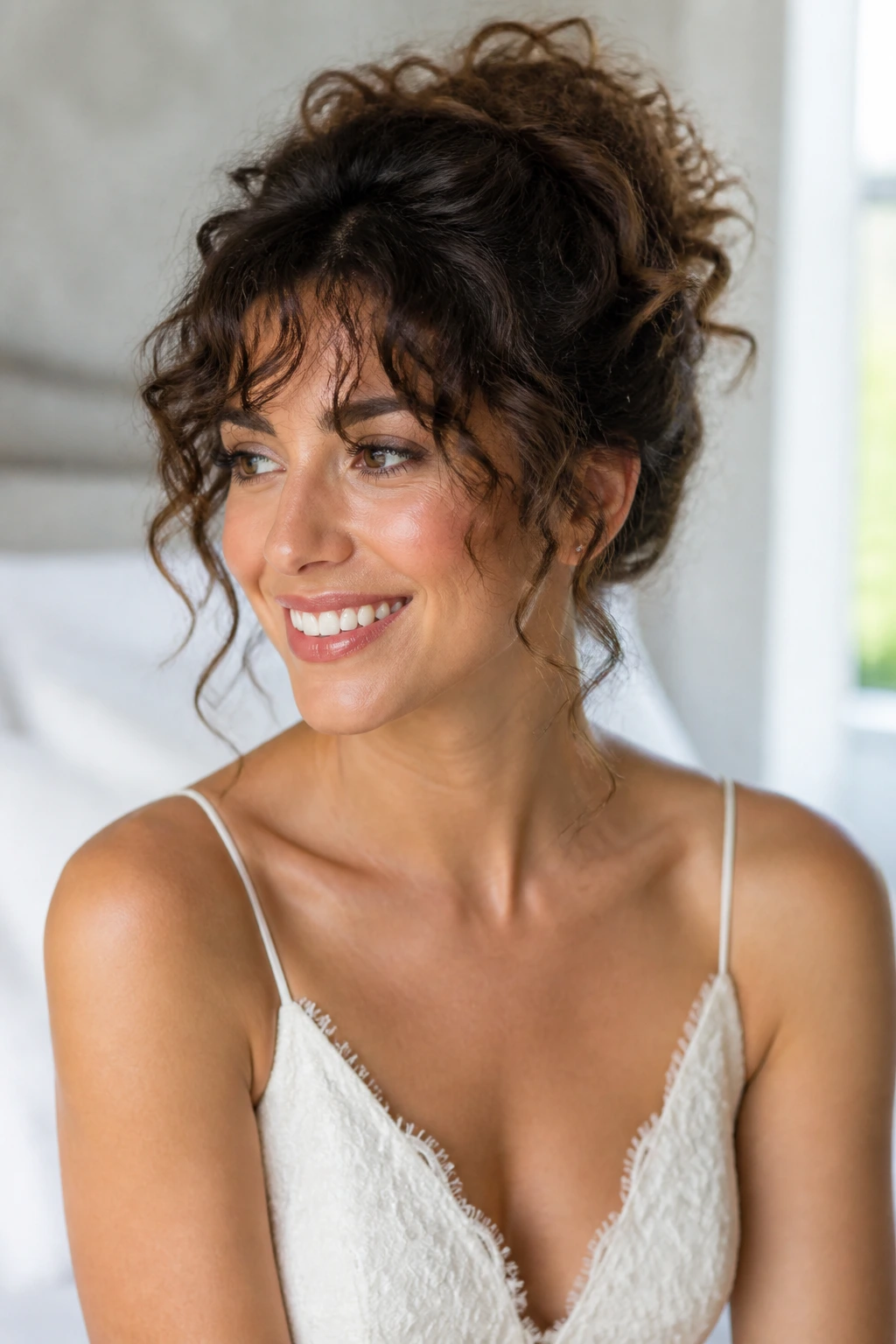 Close-up of a real bride with messy curly updo and wispy fringe