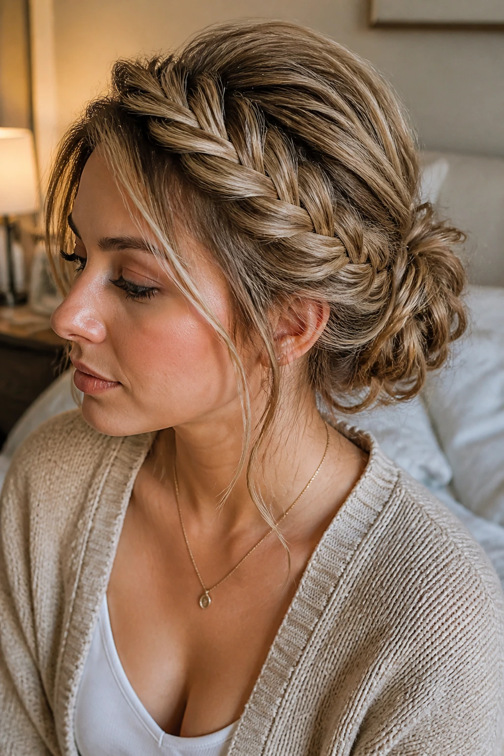 Close-up of a real woman with a messy fishtail bun and loose strands