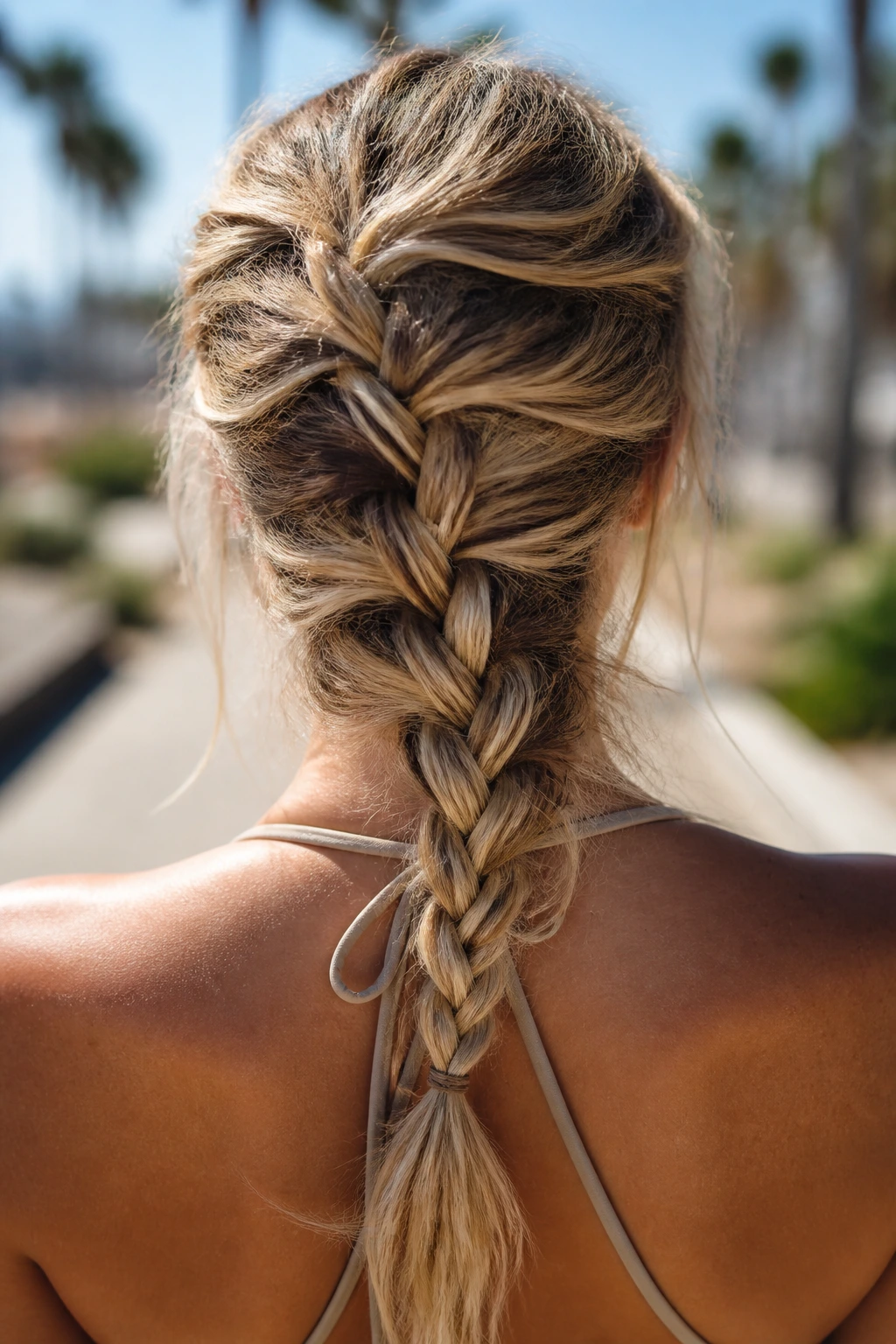 Back view of a real woman with a messy French braid down the back