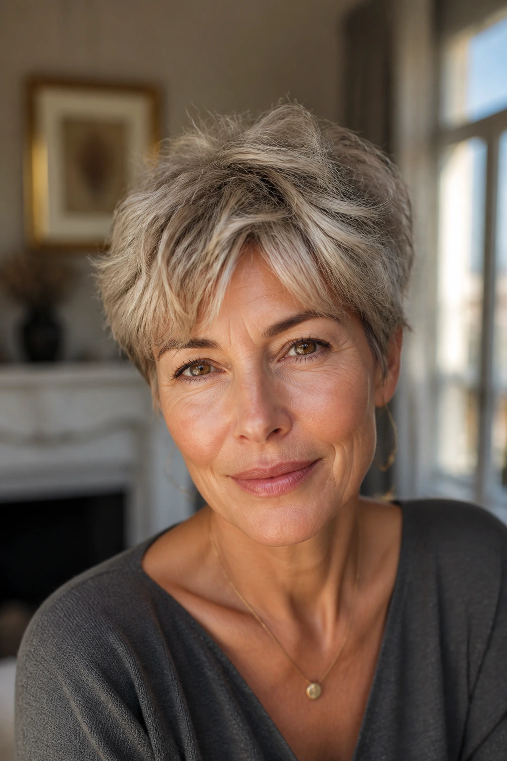 Close-up of a real woman wearing a Messy French Pixie hairstyle in warm window light