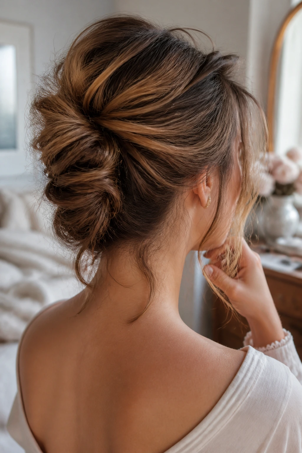 Close-up of a real woman with a messy shoulder-length French twist