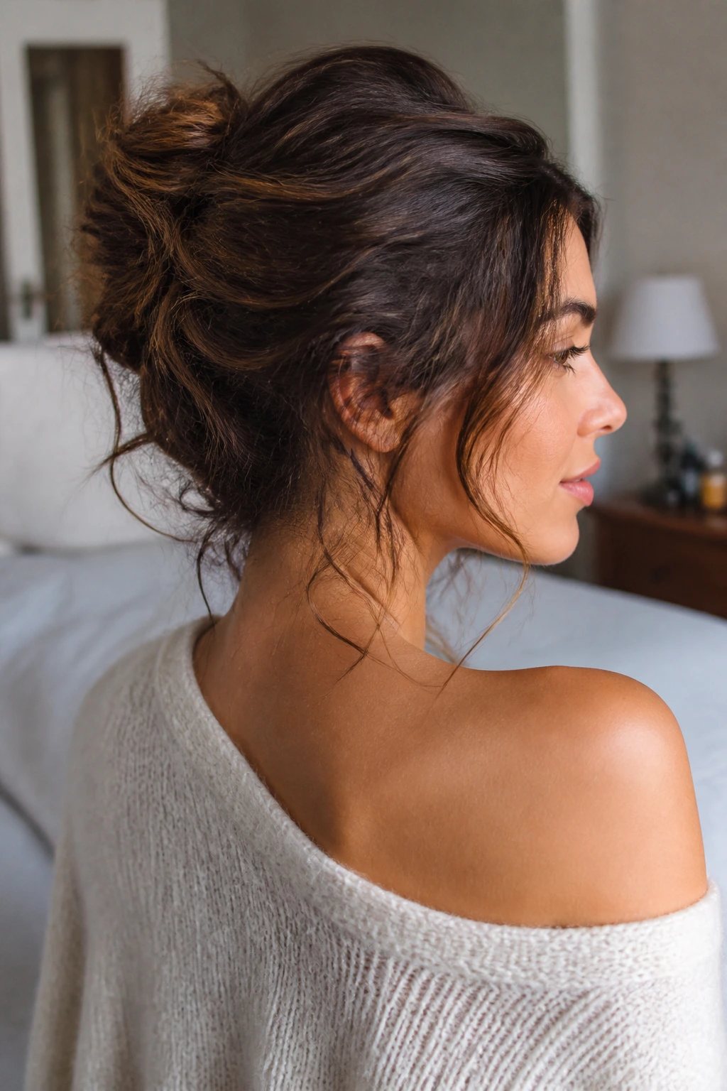 Close-up portrait of a woman with a textured messy French twist at the back