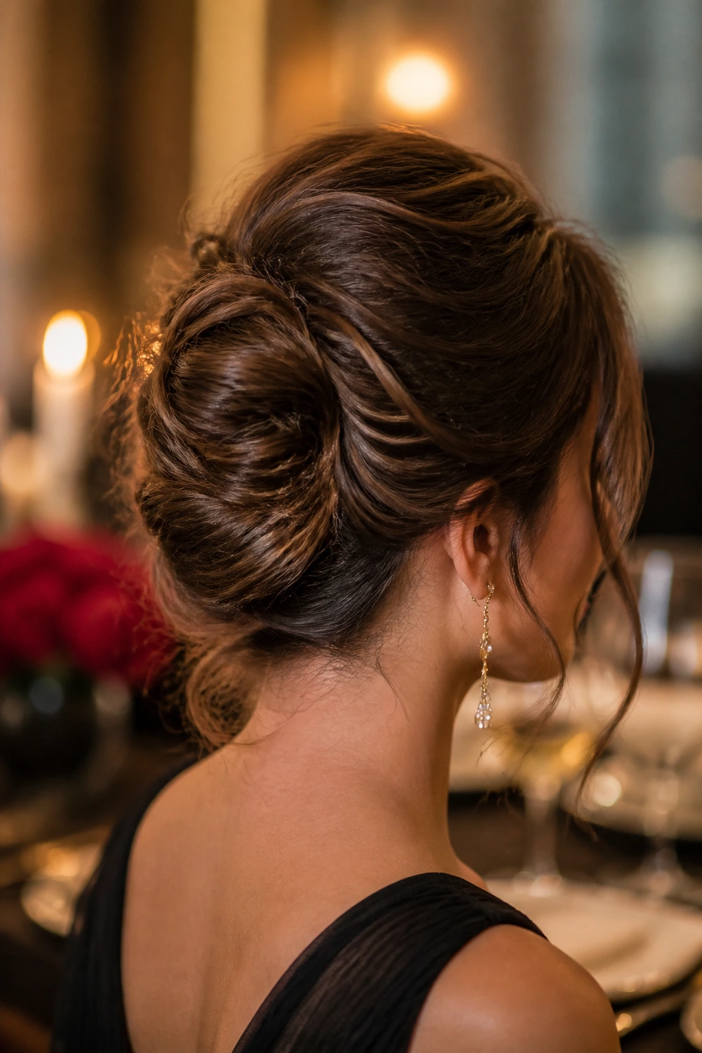 Back view of real woman with messy French twist