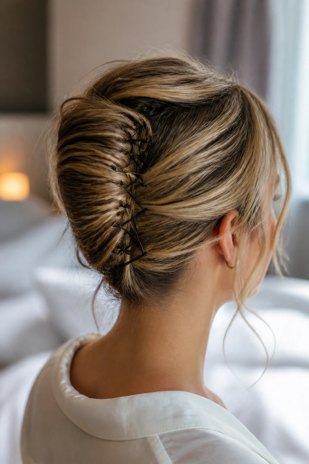 Close-up of a real woman with a messy French twist at the nape, pins visible