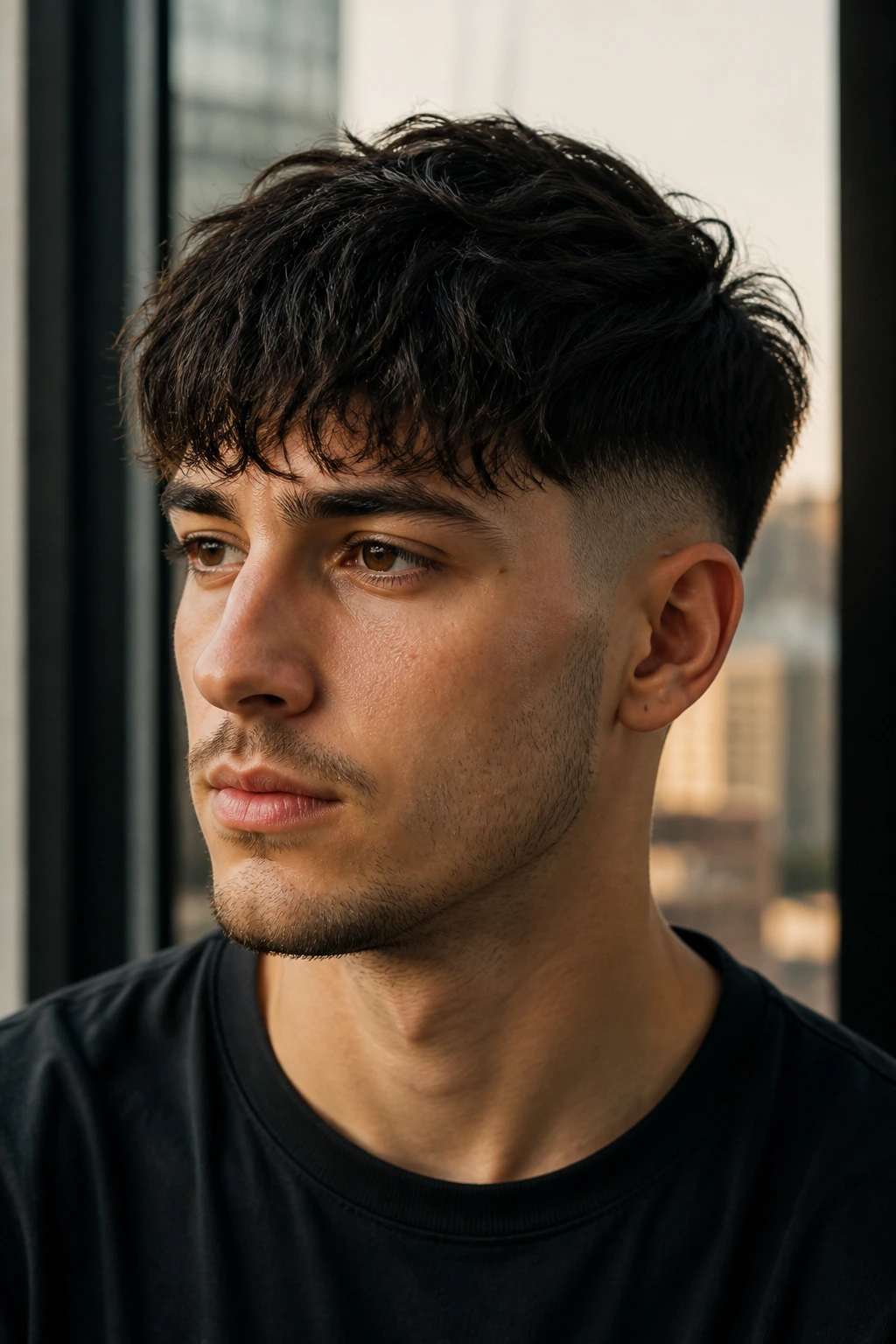 Close-up portrait of a man with a messy fringe Edgar Cut, loose textured fringe.