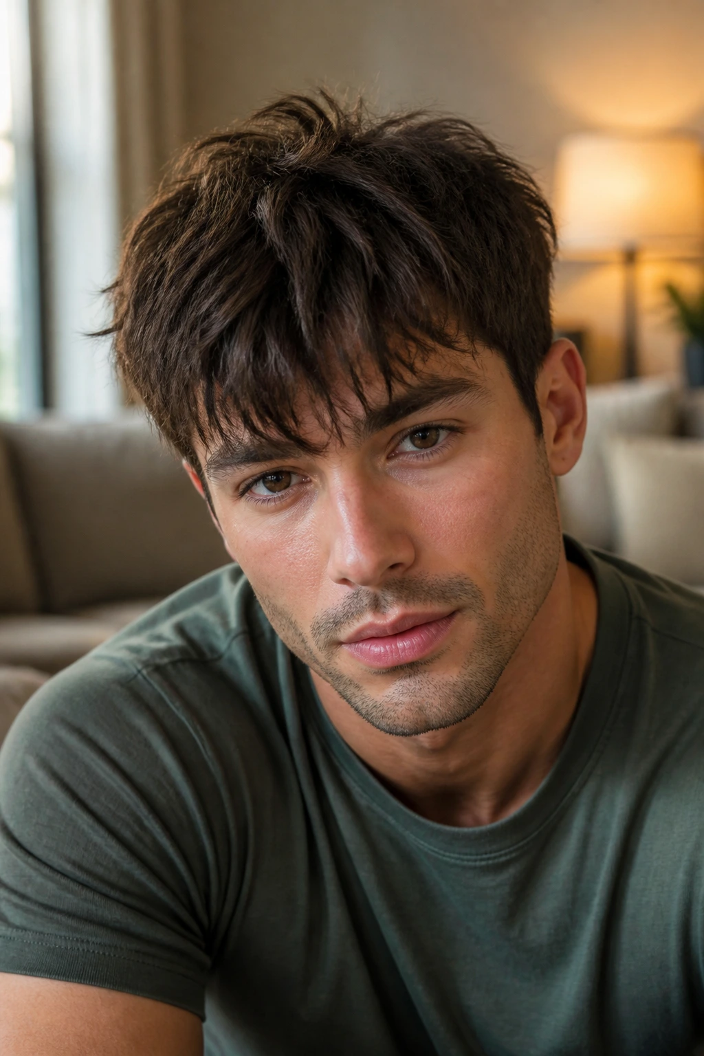 Close-up of a man with a forward-angled messy fringe and textured ends
