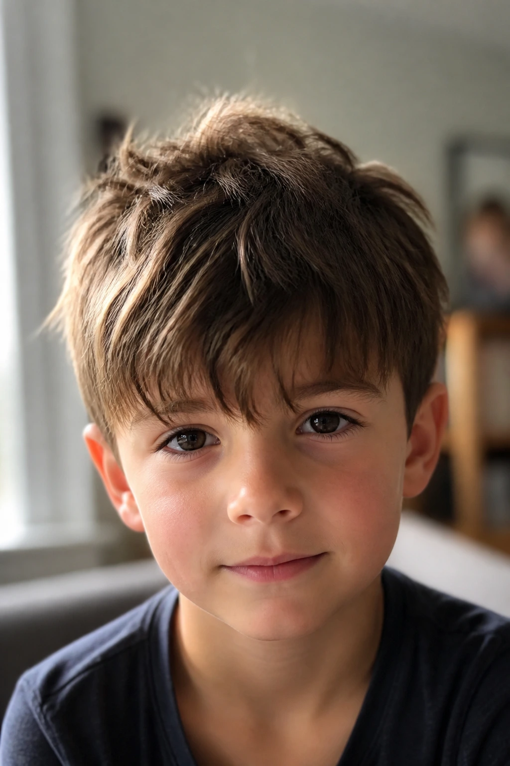Close-up of a real boy with a messy fringe hairstyle.