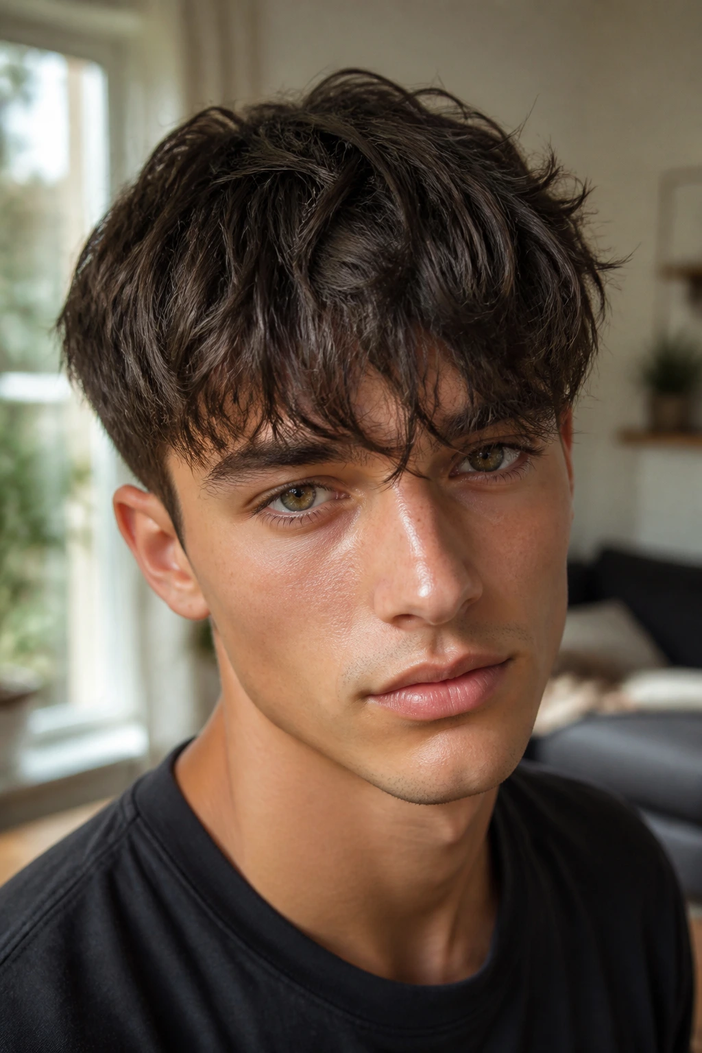 Close-up of a man with messy fringe in a living room setting