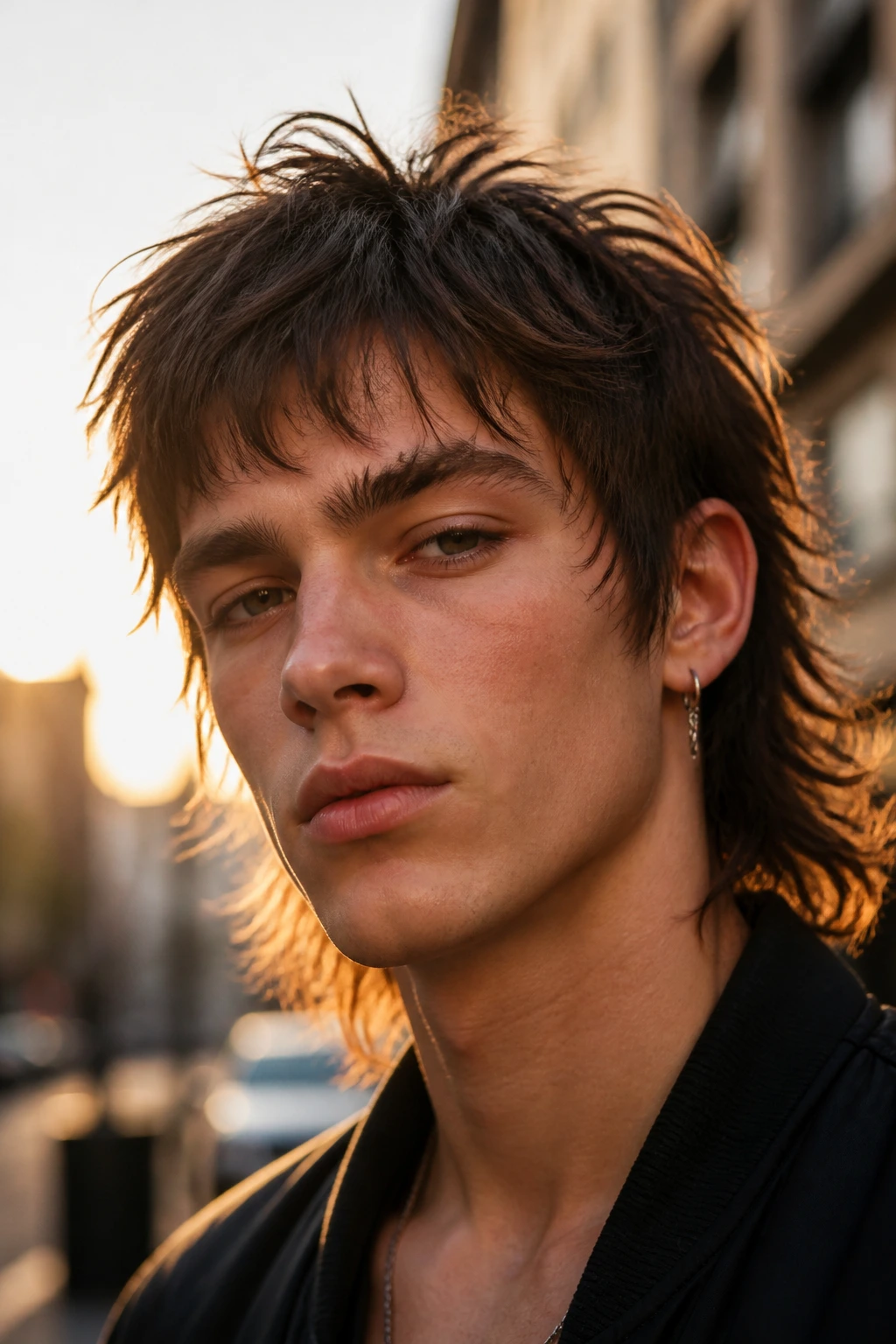 Real person with messy fringe mullet and choppy eyebrows outdoors at golden hour.