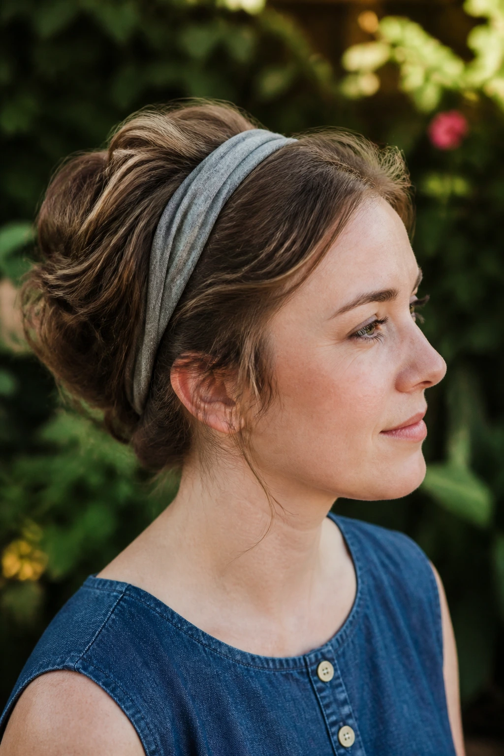 Close-up of a real woman with a Gibson tuck under a headband in a sunny garden.