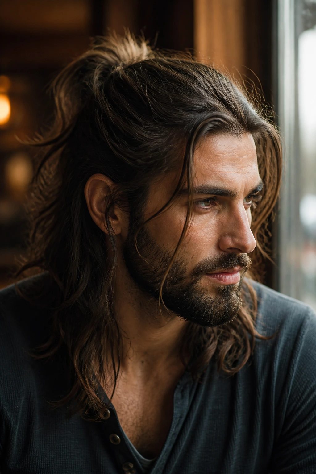 Man with messy half ponytail and loose front pieces