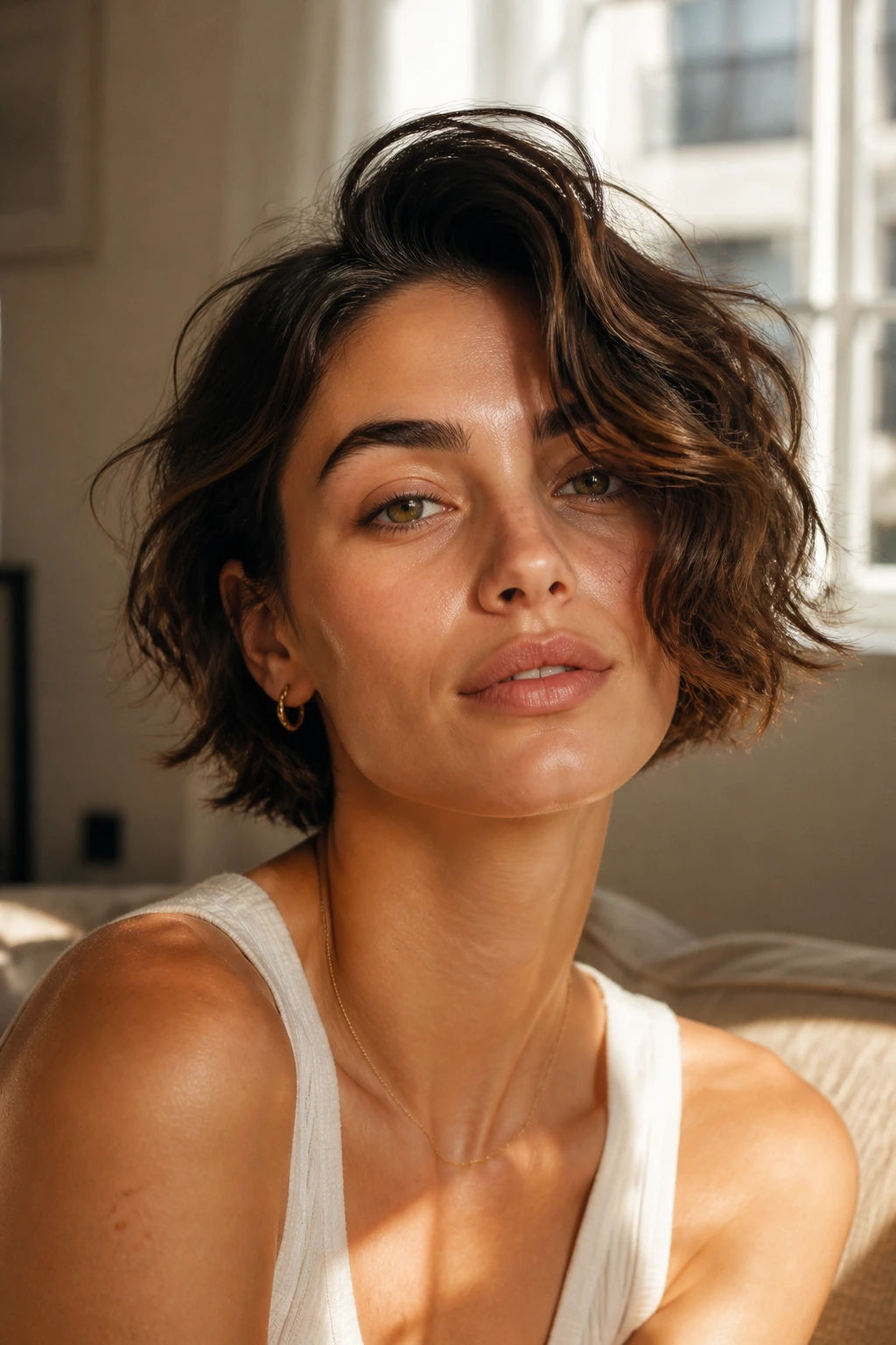 Portrait of a real woman with a messy Italian bob and loose waves