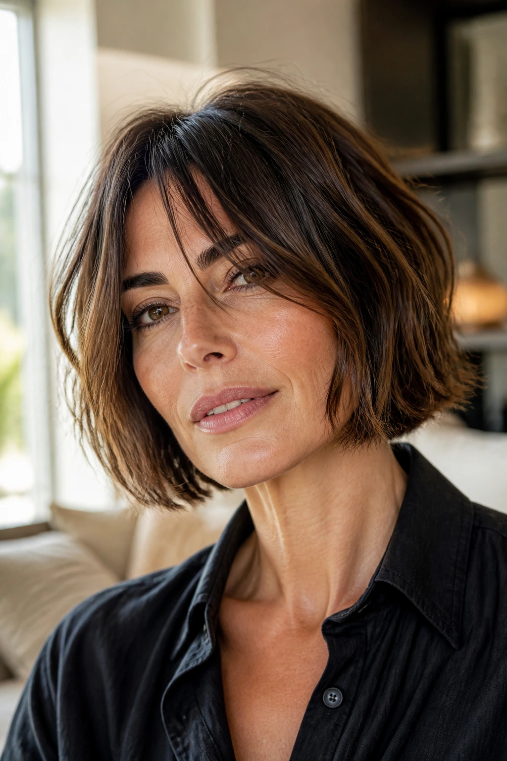 Close-up portrait of a real woman with messy Italian bob showing blunt base and textured ends