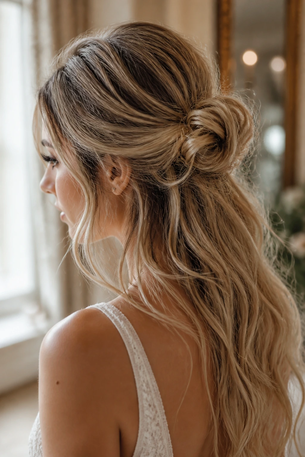 Close-up of a real bride with a messy knot half up and airy texture