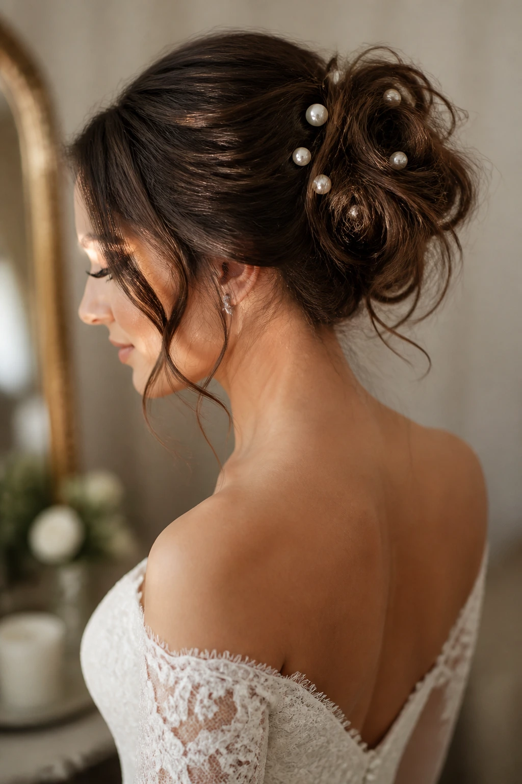 Real bride wearing a messy knot updo with pearl pins