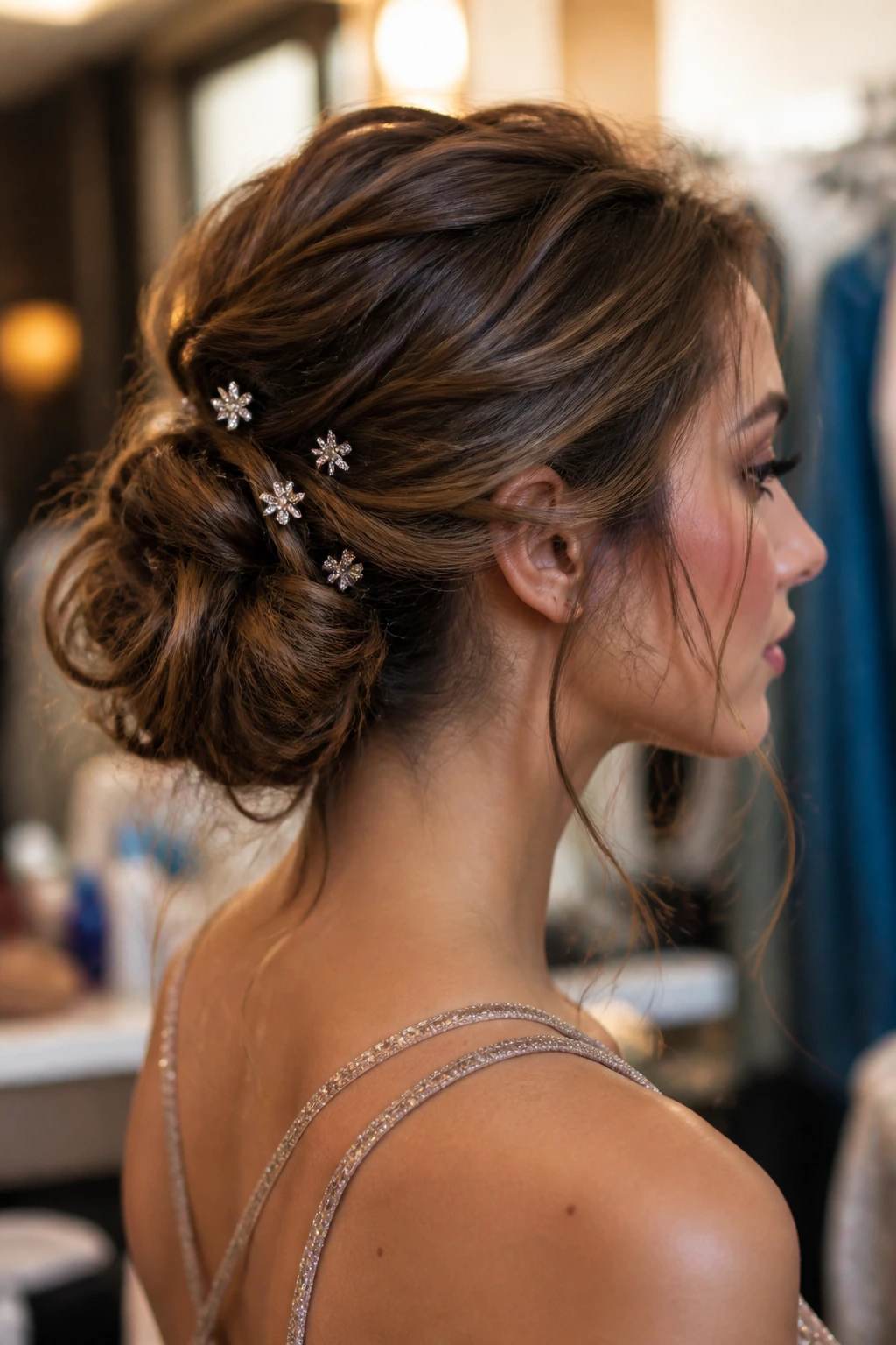 Close-up of a real woman wearing a messy knot with sparkle pins, loose crown texture and soft strands