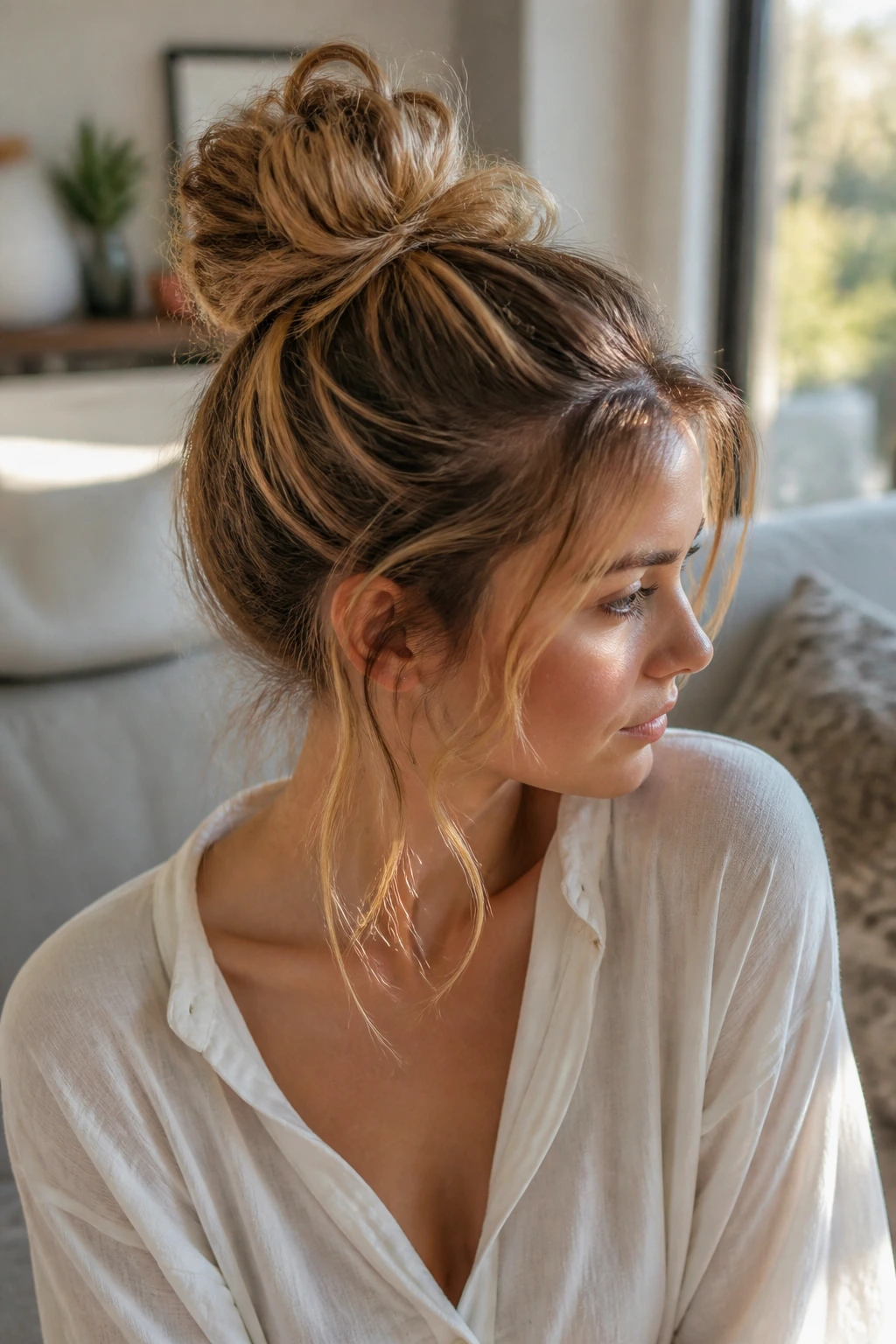 Three-quarter view of a real woman with a high messy knot and face-framing pieces