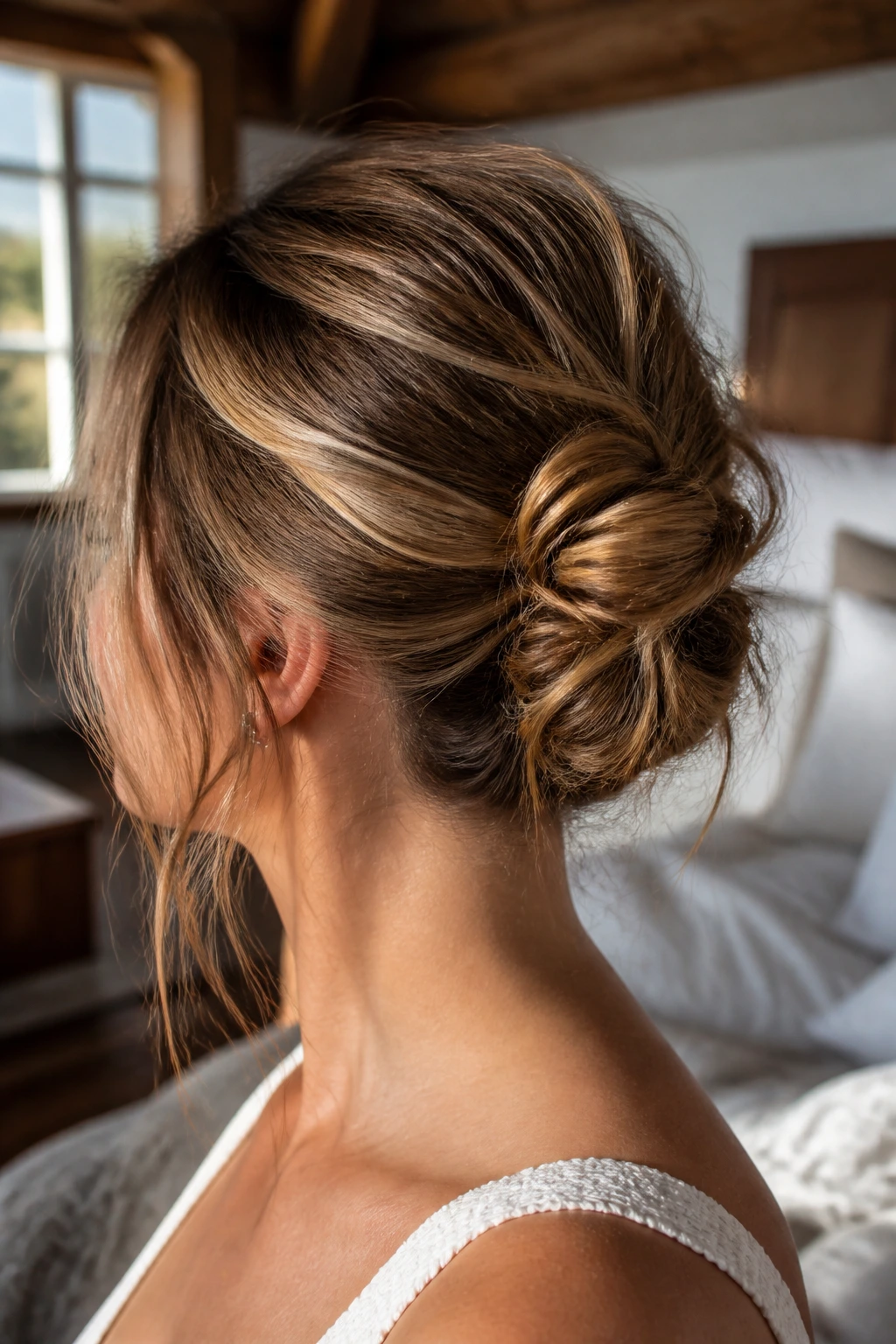 Close-up of a real woman with a messy knotted bun secured with elastic and pins in warm, sunlit room
