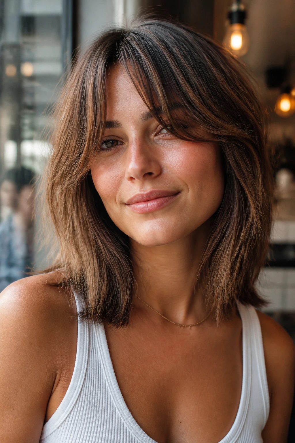 Close-up of a real woman with Messy Lob With Overlapping Curtain Bangs