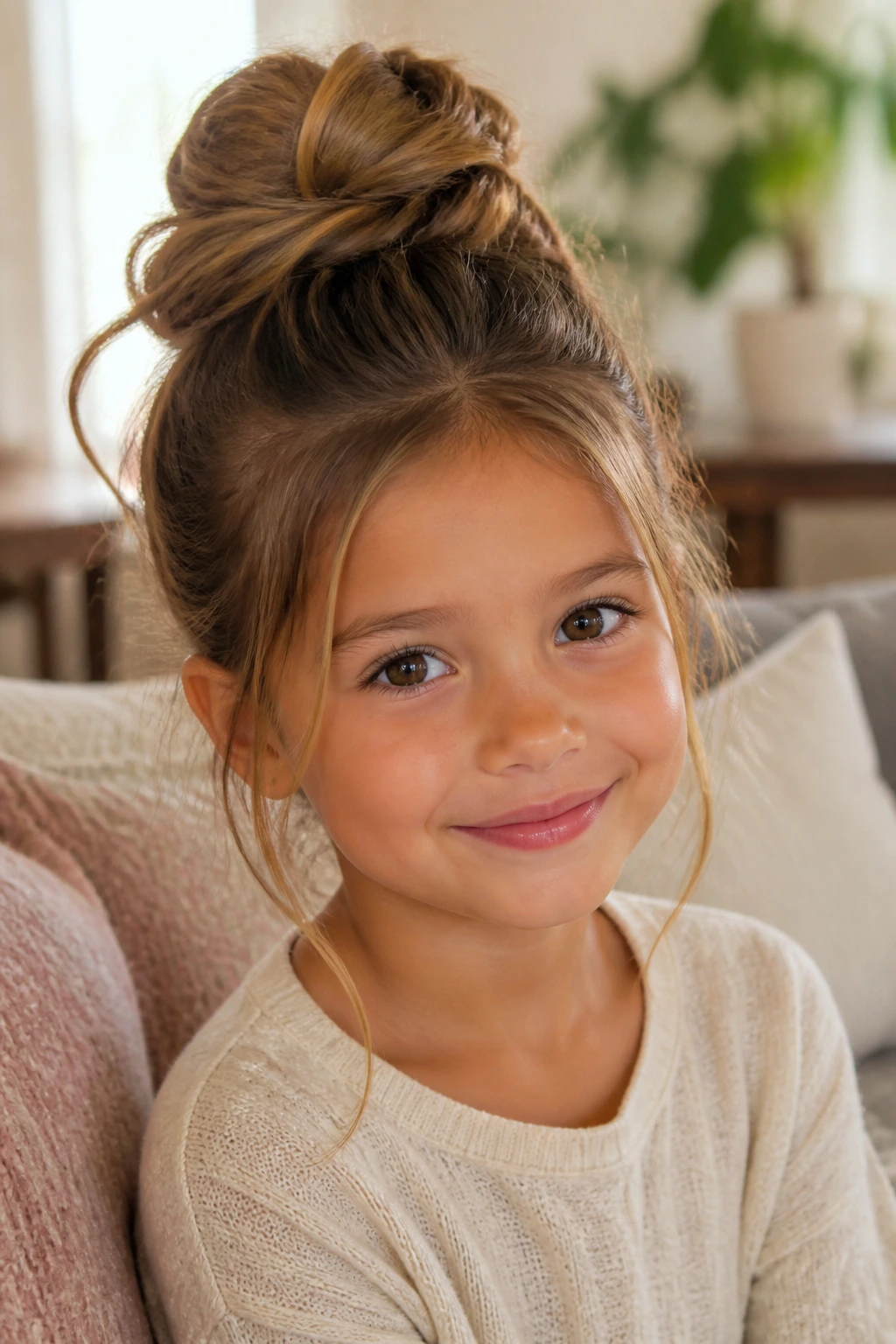 Close-up of a child with a messy loop bun and loose face-framing pieces