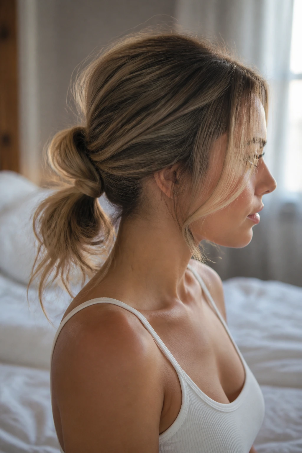 Close-up of a real woman with a messy looped ponytail in a sunlit bedroom