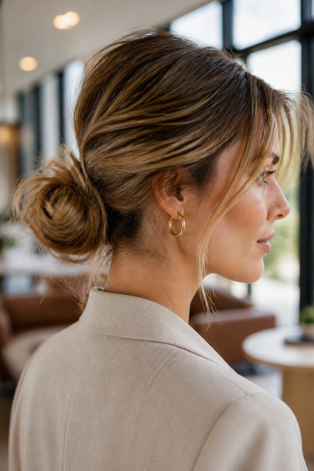 Close-up of a real woman with a controlled messy low bun in a modern office