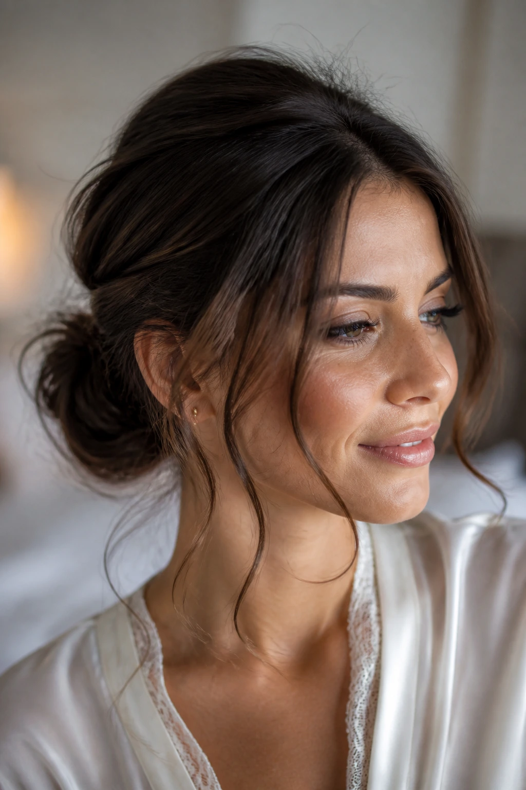 Close-up portrait of a real woman wearing a messy low bun with face-framing pieces