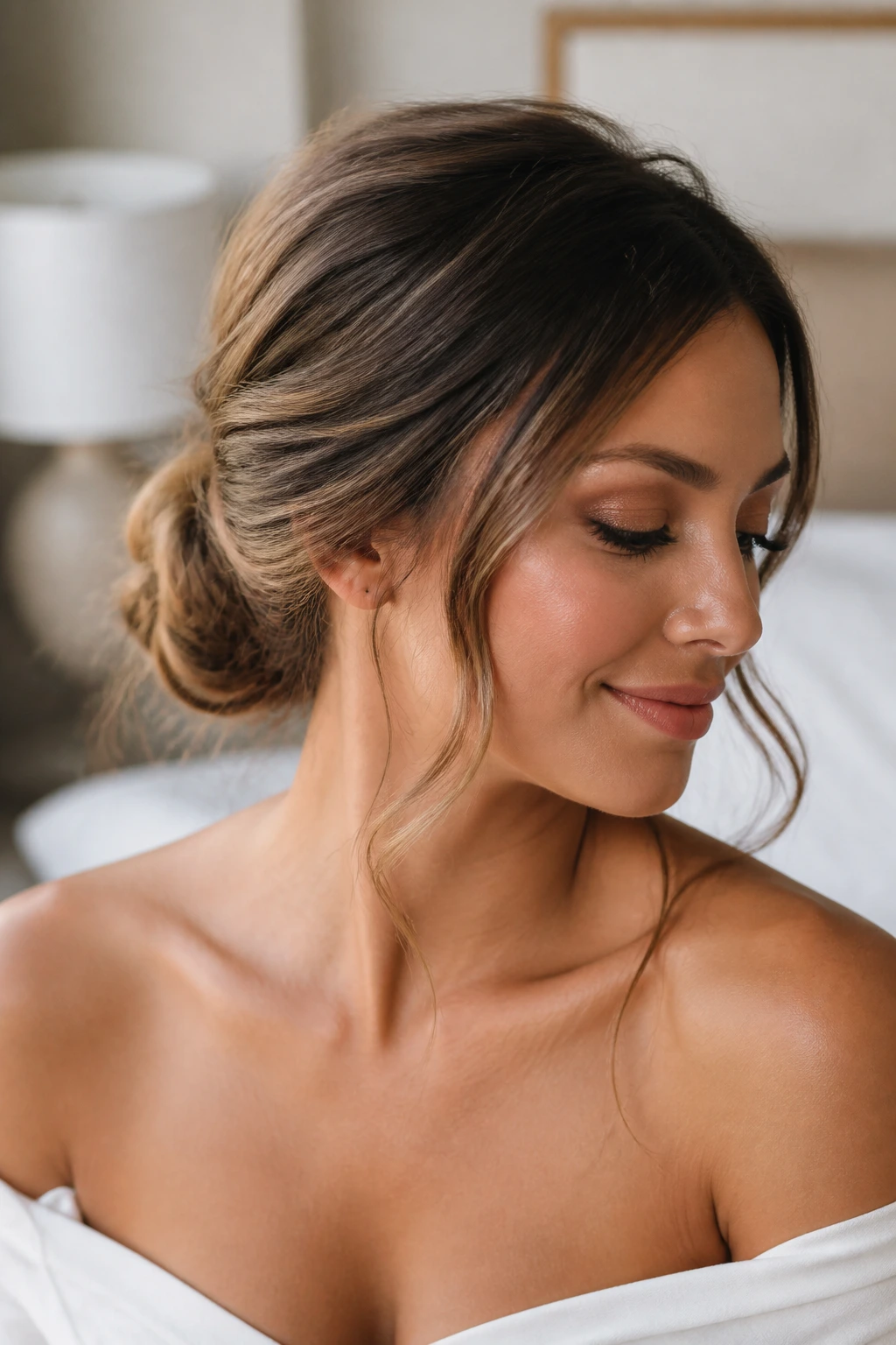 Close-up of a real woman with a messy low bun and face-framing pieces