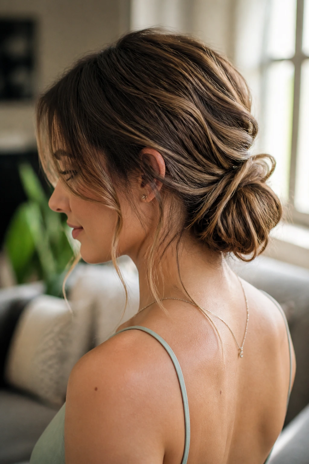 Close-up of a real woman with a messy low bun and soft face-framing tendrils.