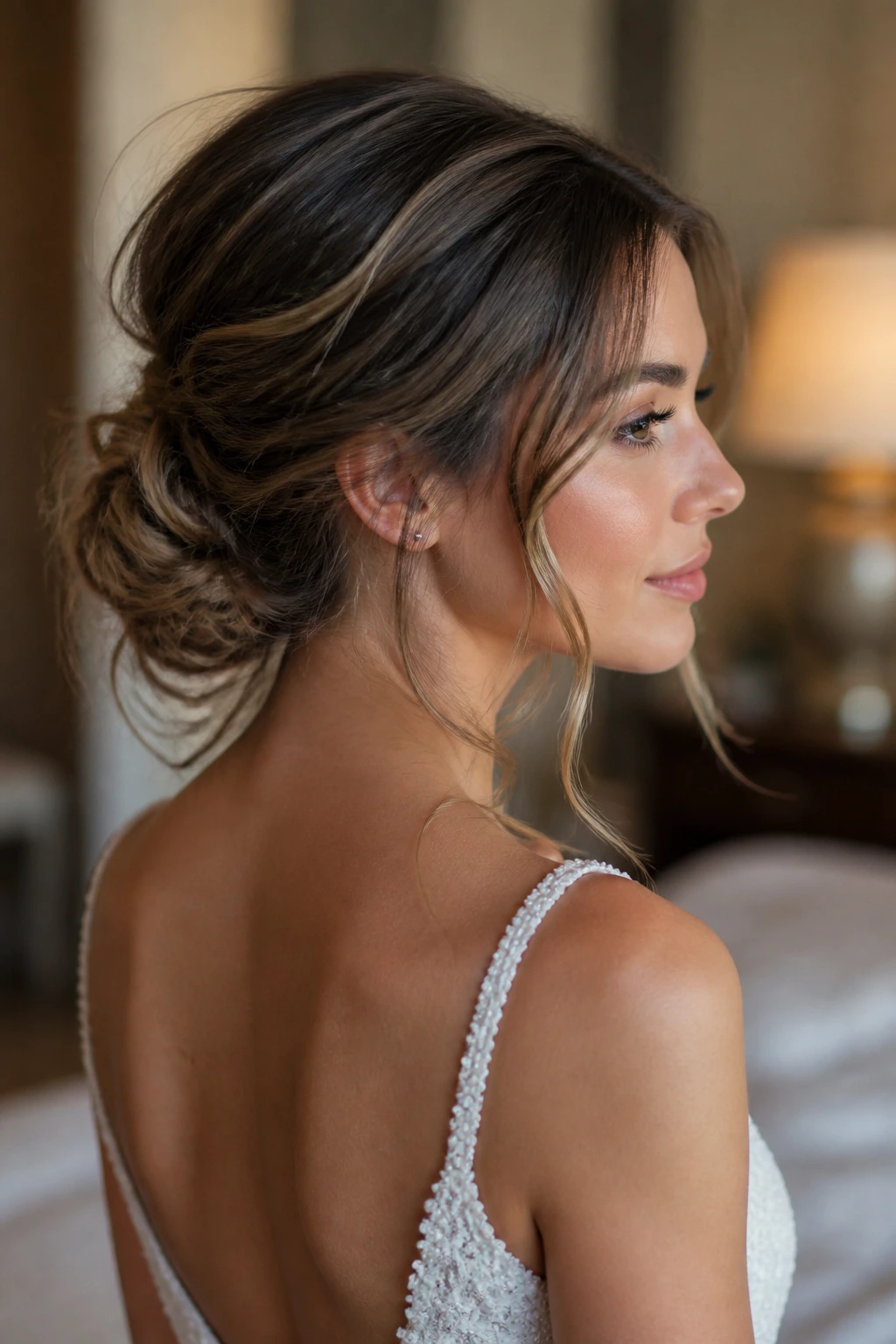 Close-up of a real bride with a messy low knot and tendrils