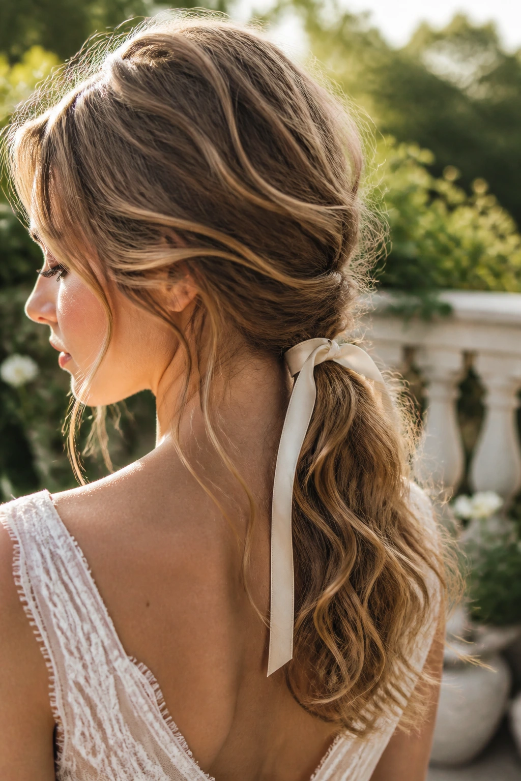 Close-up of a real bride with a low messy pony and ribbon