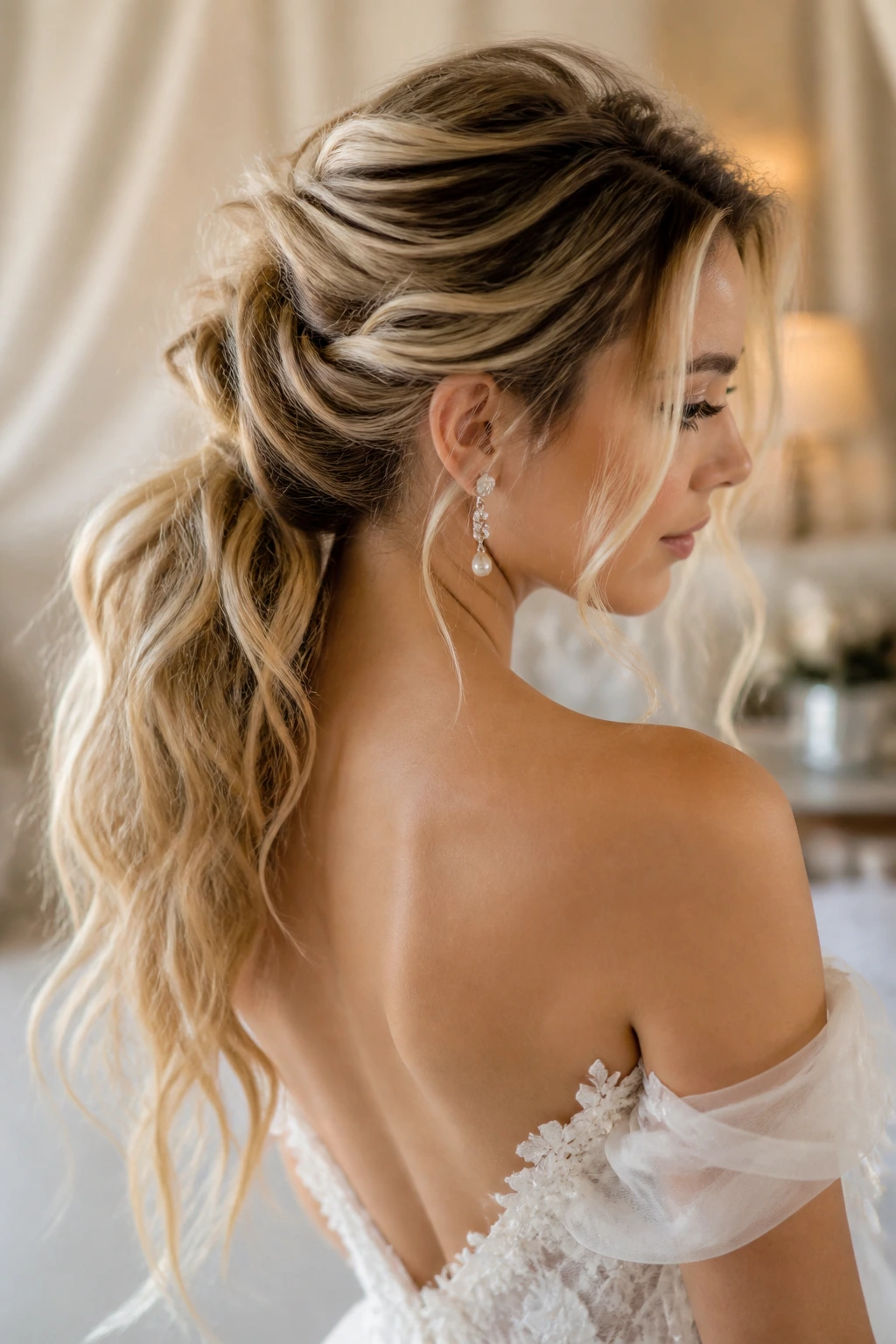 Bride's messy-luxury ponytail with undone texture and lifted crown