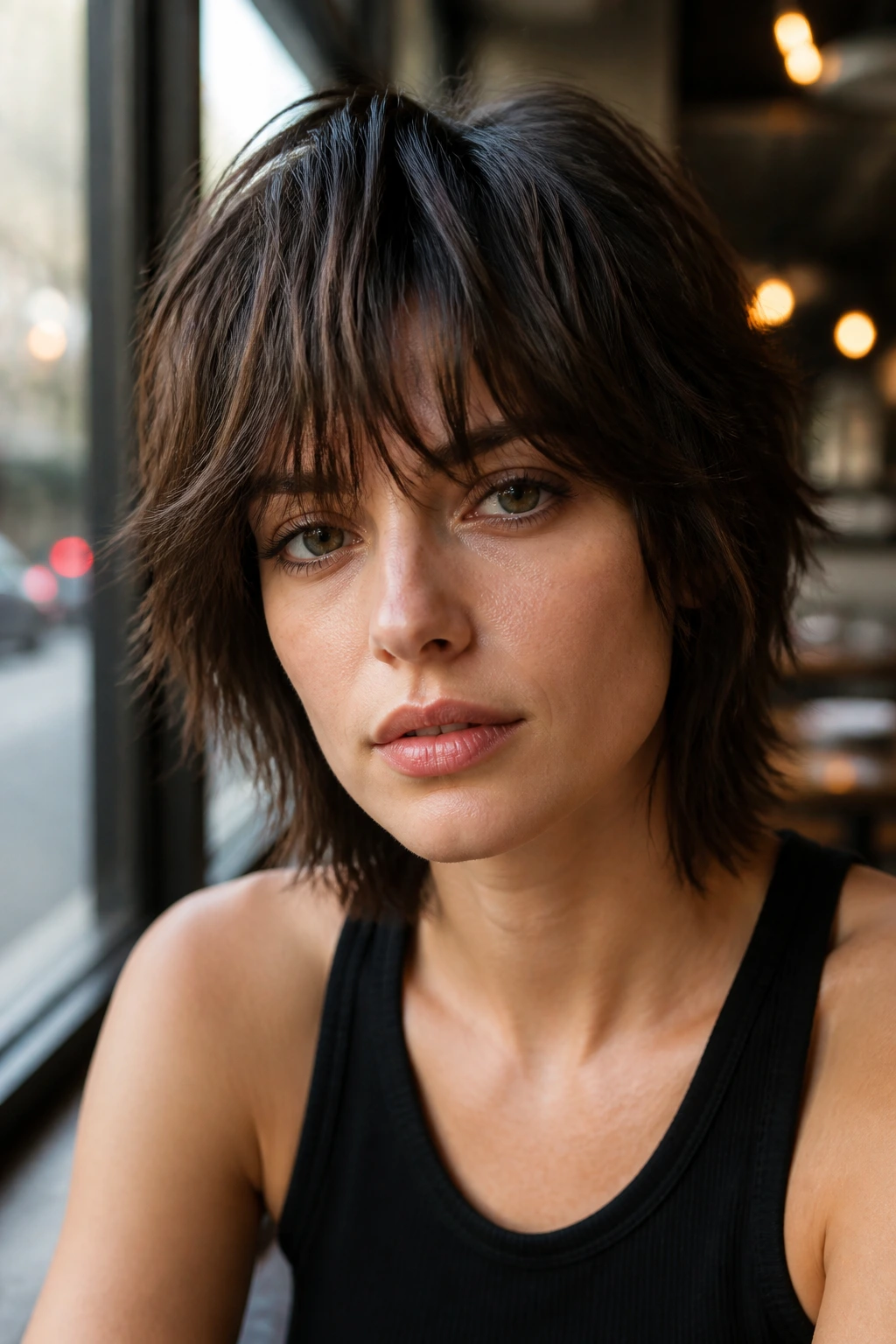 Close-up of a real woman with tousled fringe in an urban cafe setting