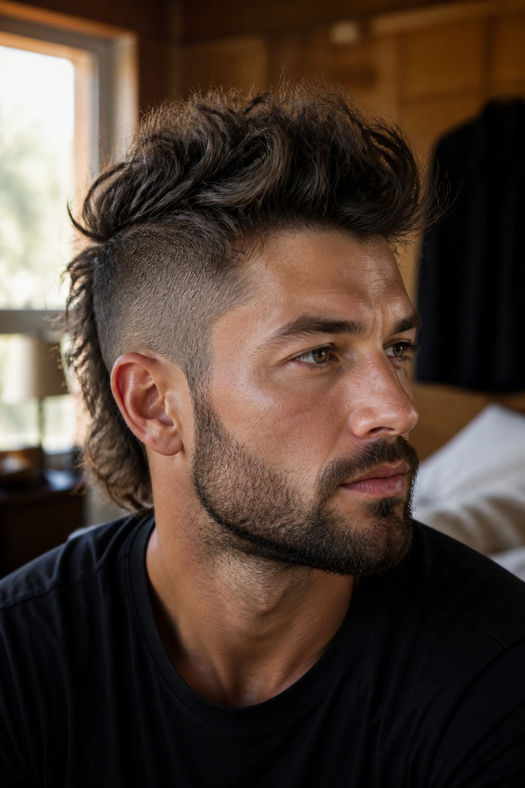 Close-up portrait of a real man with messy bedhead Mohawk in natural bedroom light