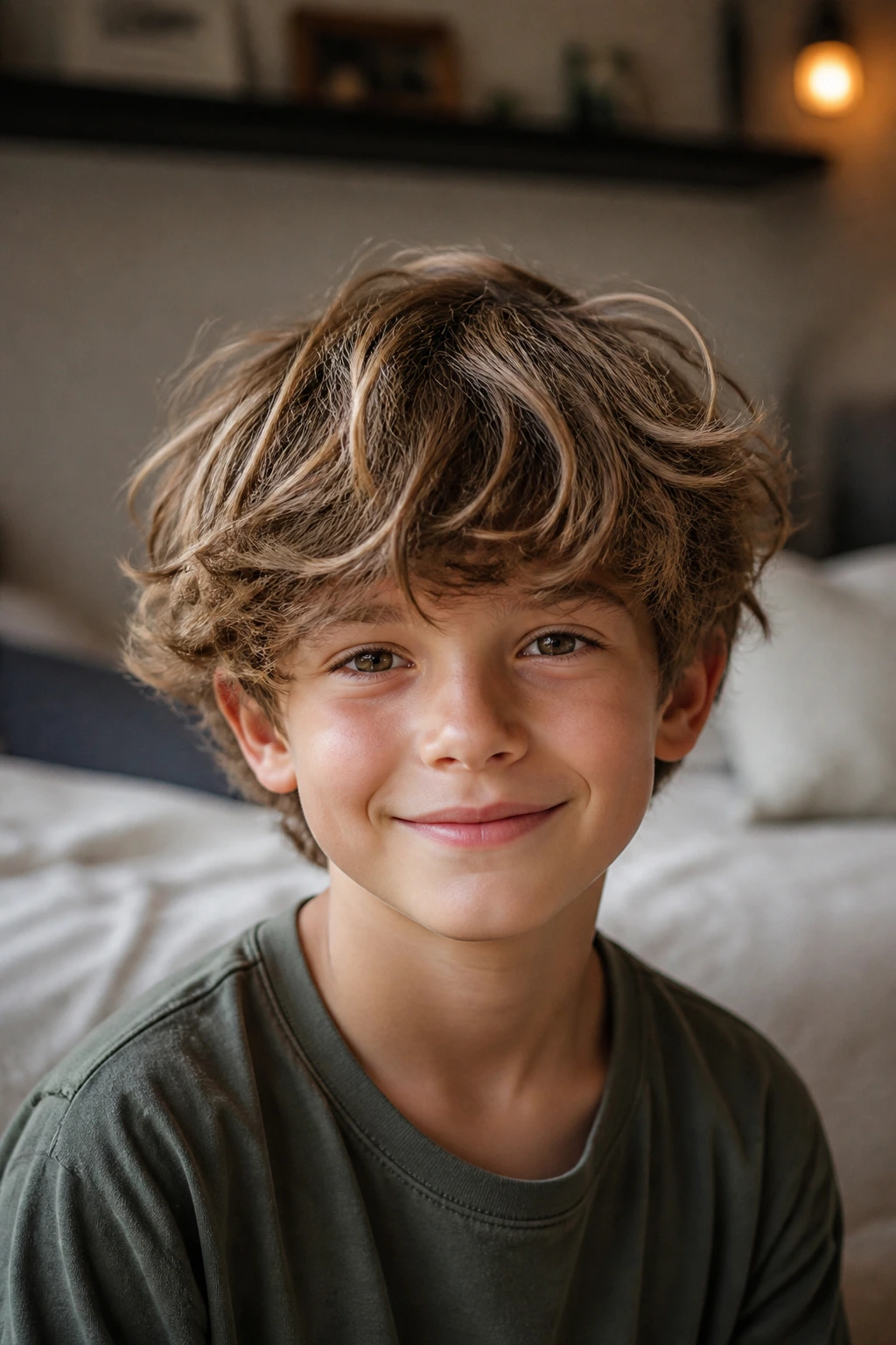 Close-up of a boy with a messy mop top hairstyle.
