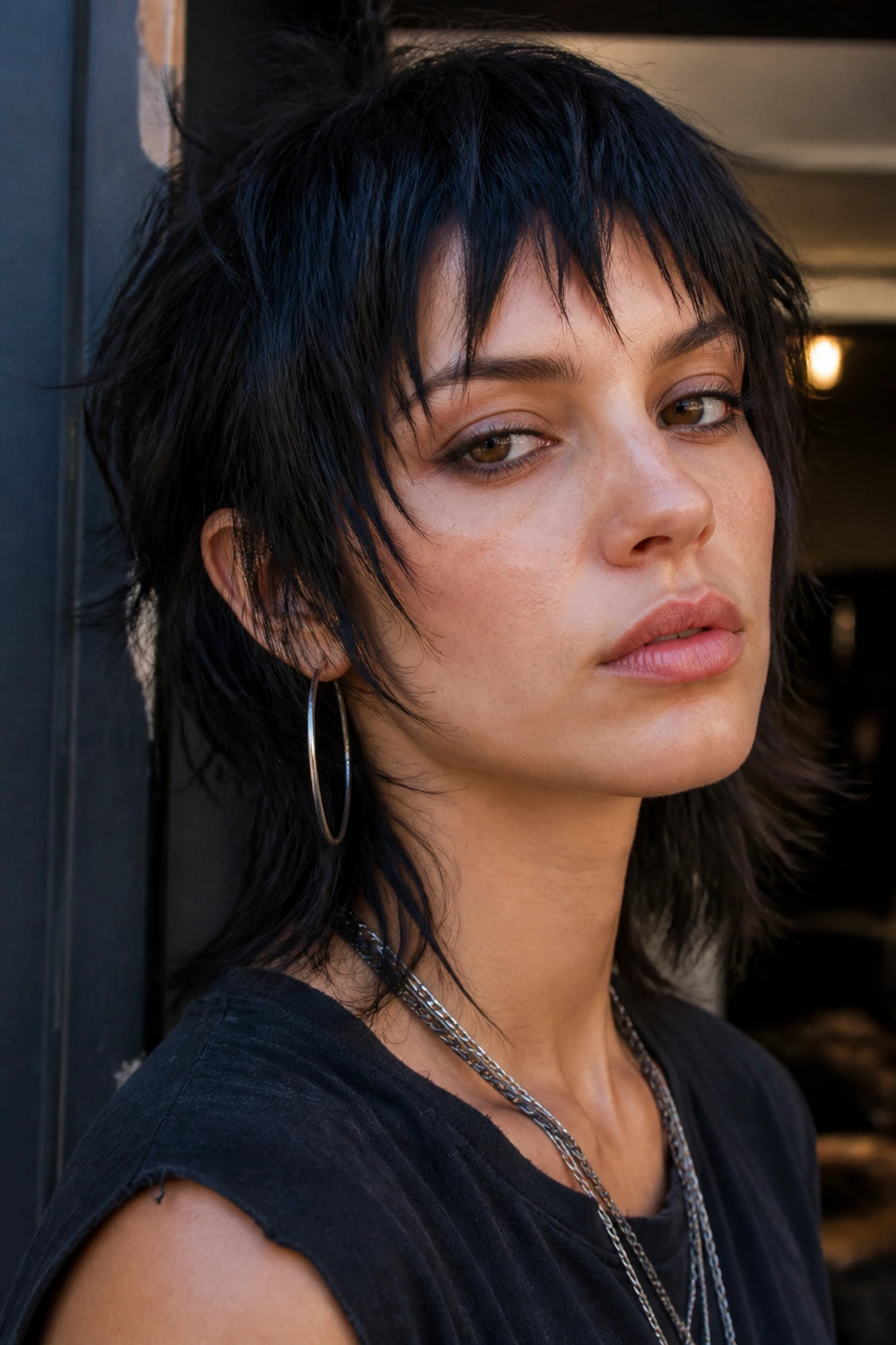 Portrait of a person with messy mullet bob and piecey bangs in an urban setting