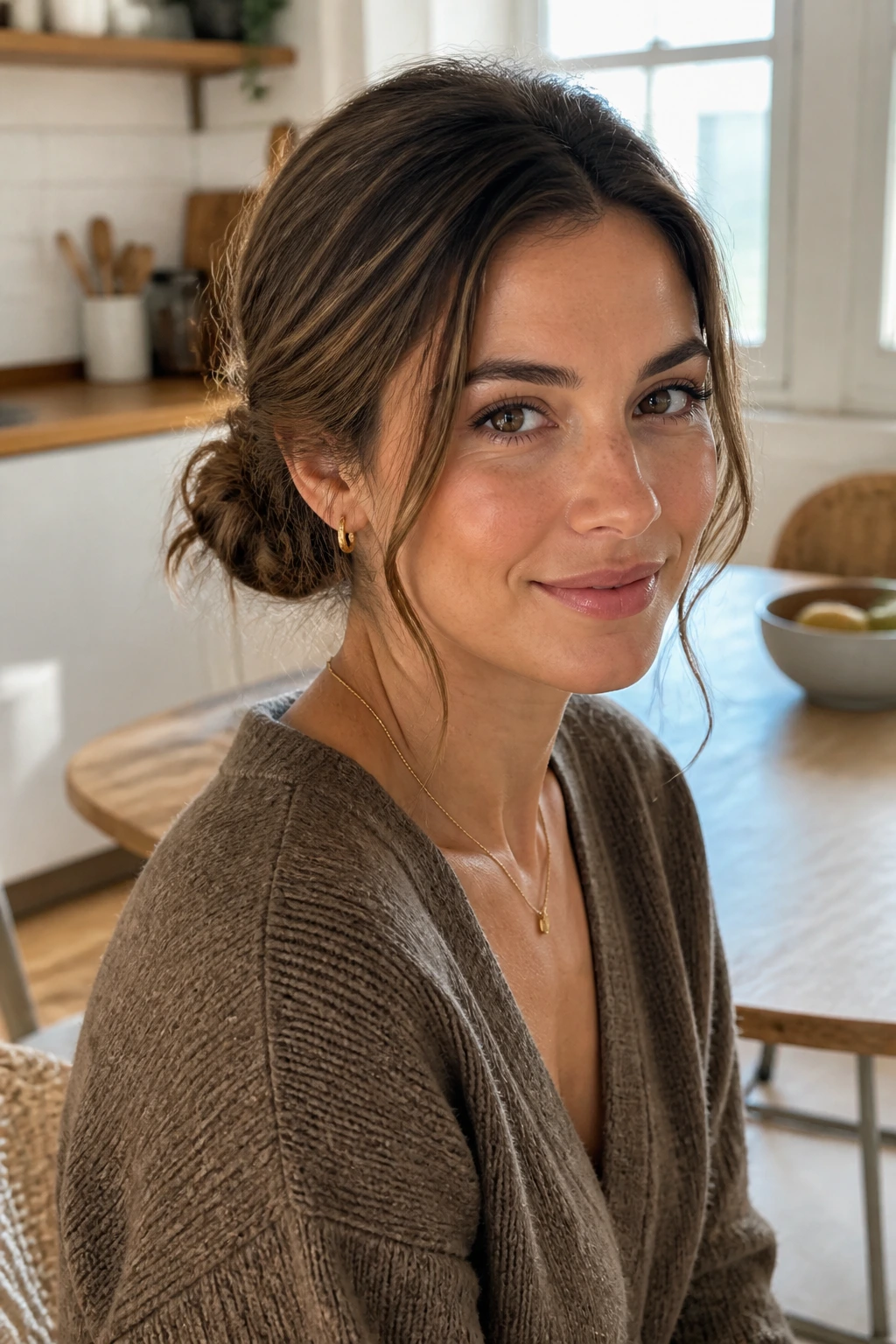Portrait of a woman with a low loop bun and loose strands
