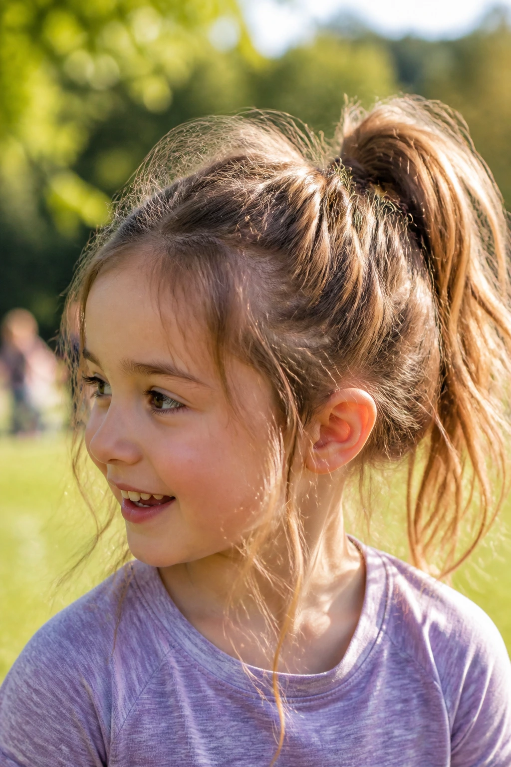 Close-up of a child with a messy play ponytail featuring a loose front and textured hair in a park